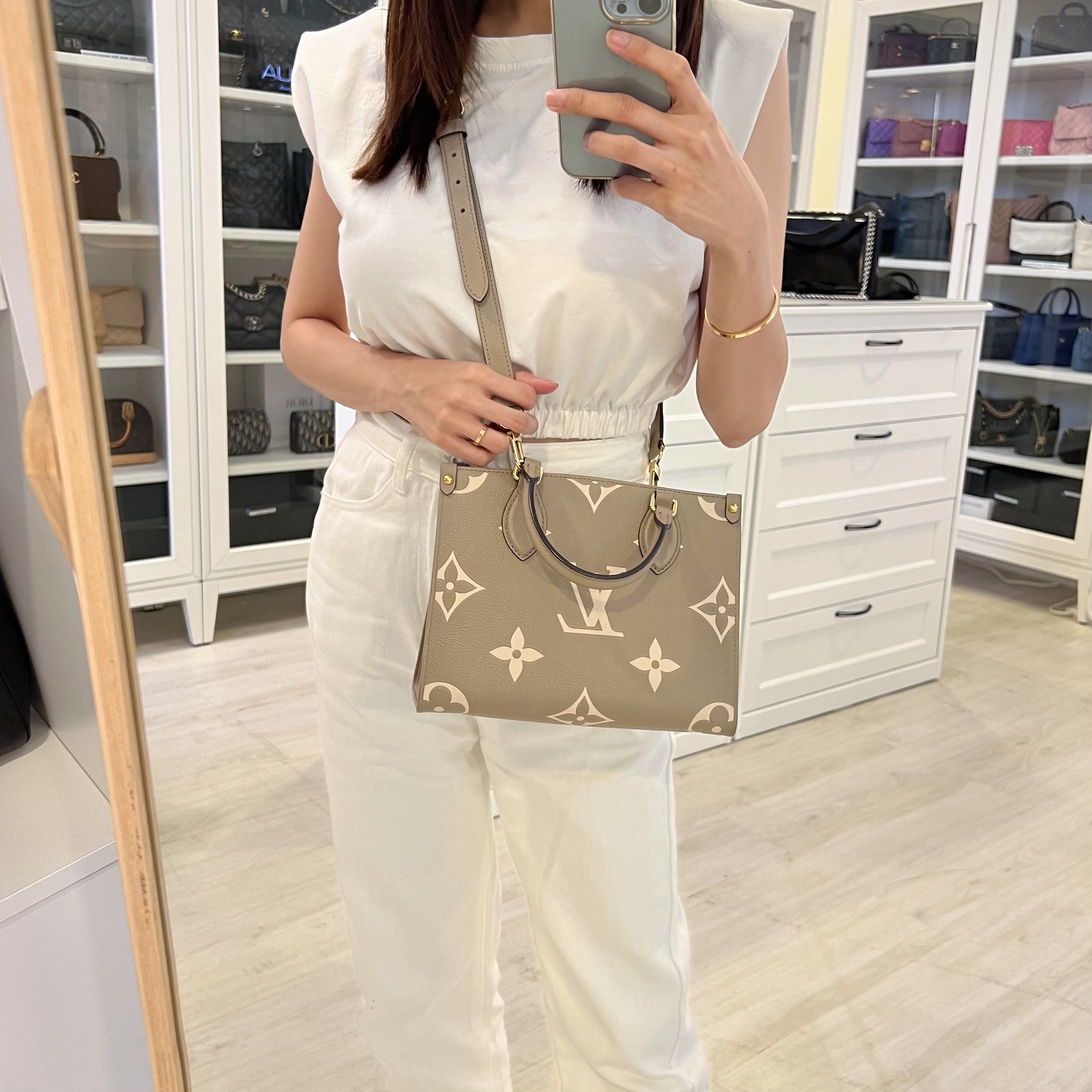 LV Onthego PM in Tourterelle (Grey) / Creme Giant Monogram Empreinte Leather and GHW
