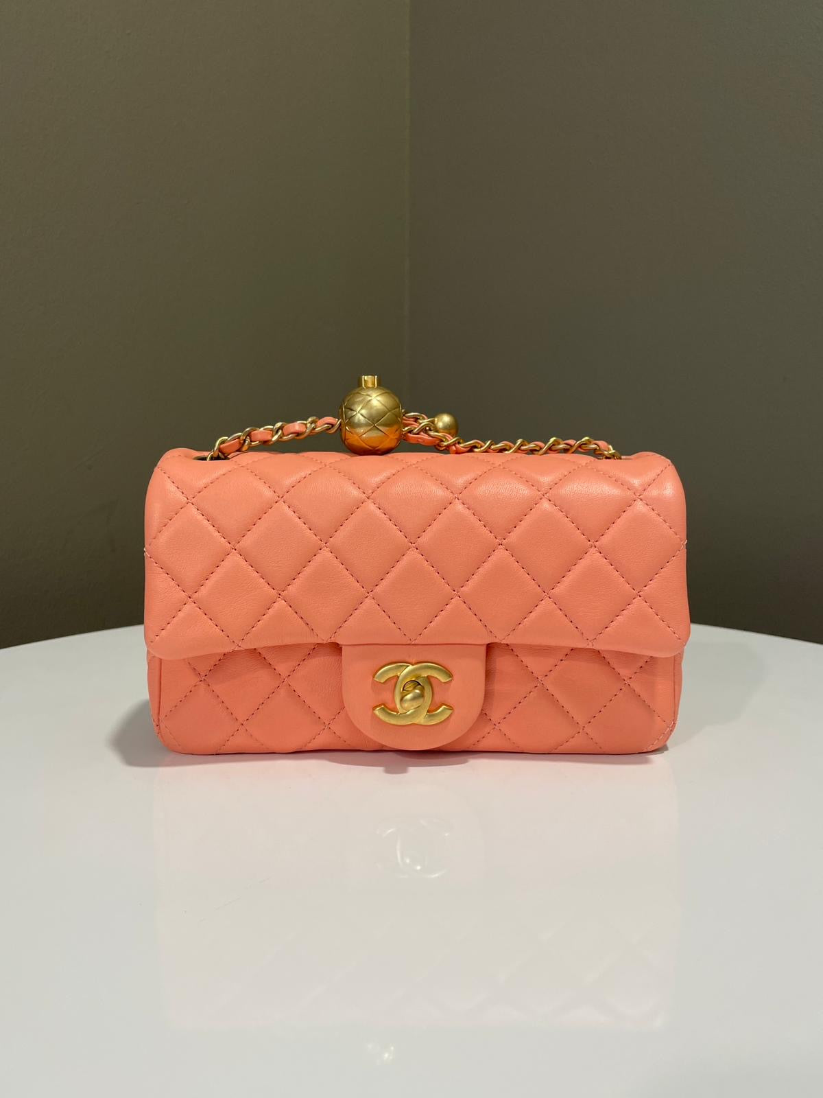 Chanel Pearl Crush Quilted Mini Rectangular Salmon Pink Lambskin