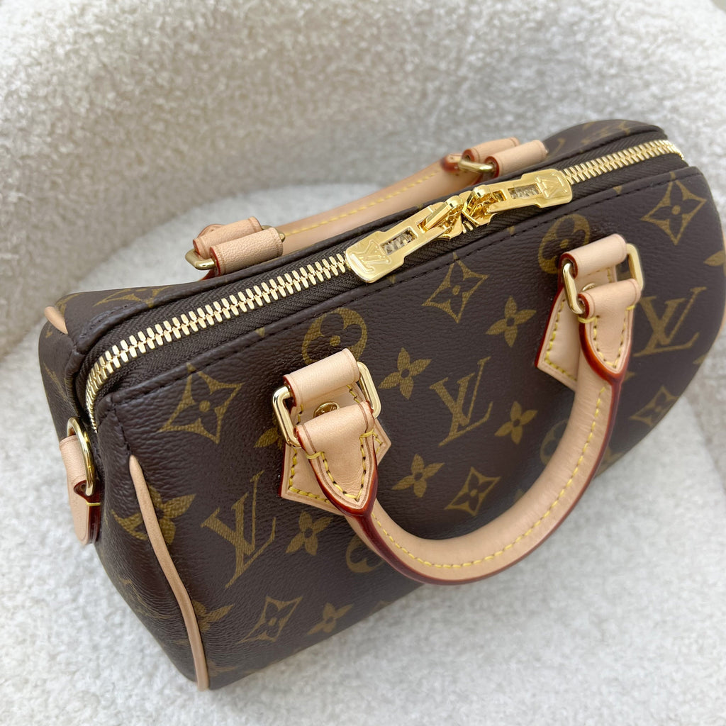 LV Speedy Bandouliere 20 in Monogram Canvas and Pink / Orange Patterned Strap