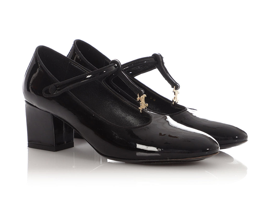 Celine Black Patent Babies T-Bar Pumps