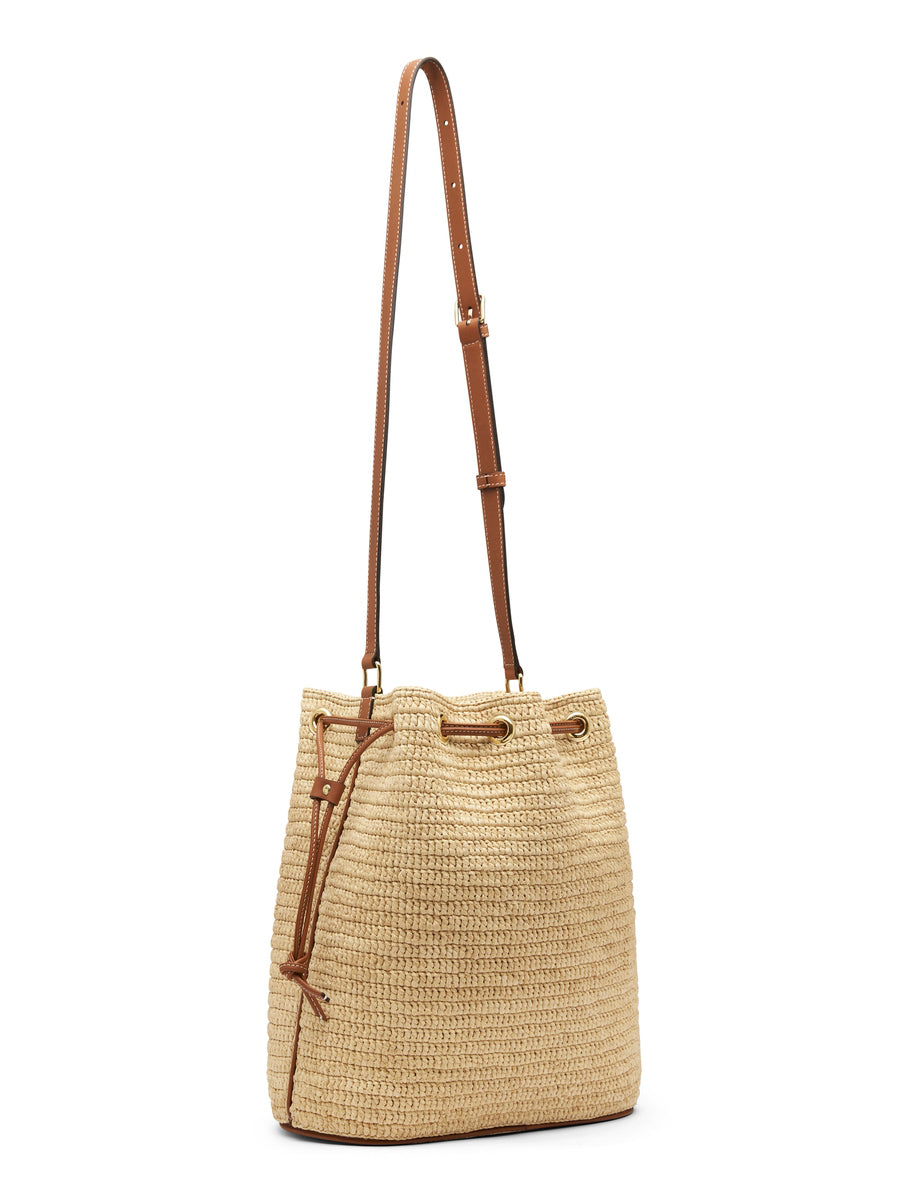 Small Triomphe Bucket Bag in Raffia and Calfskin