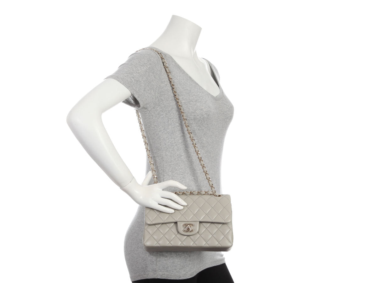 Chanel Small Light Gray Quilted Lambskin Double Flap Classic