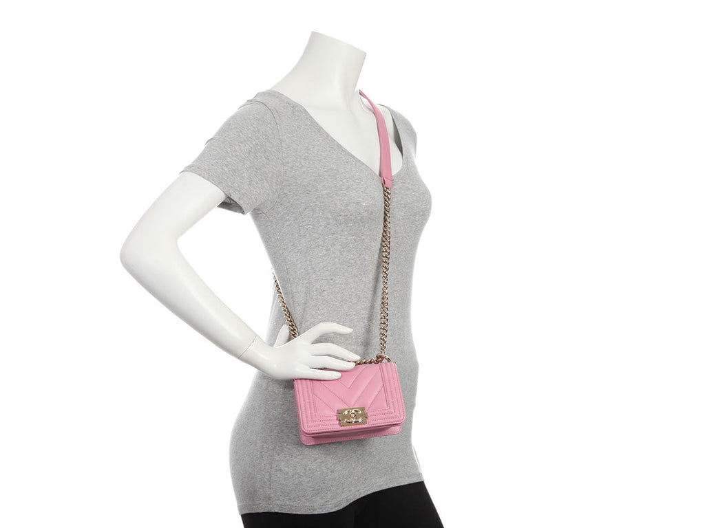 Chanel Micro Mini Rose Chevron-Quilted Lambskin Boy Bag
