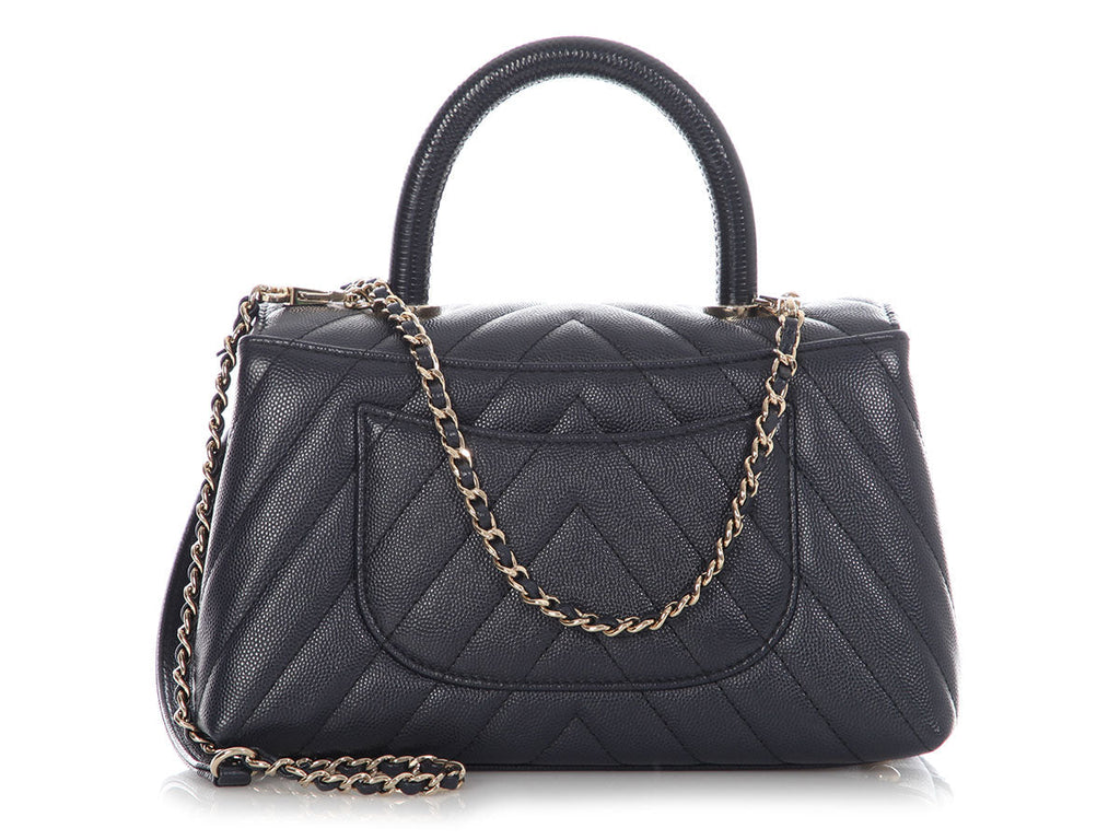 Chanel Mini Navy Chevron-Quilted Caviar and Lizard Coco Handle