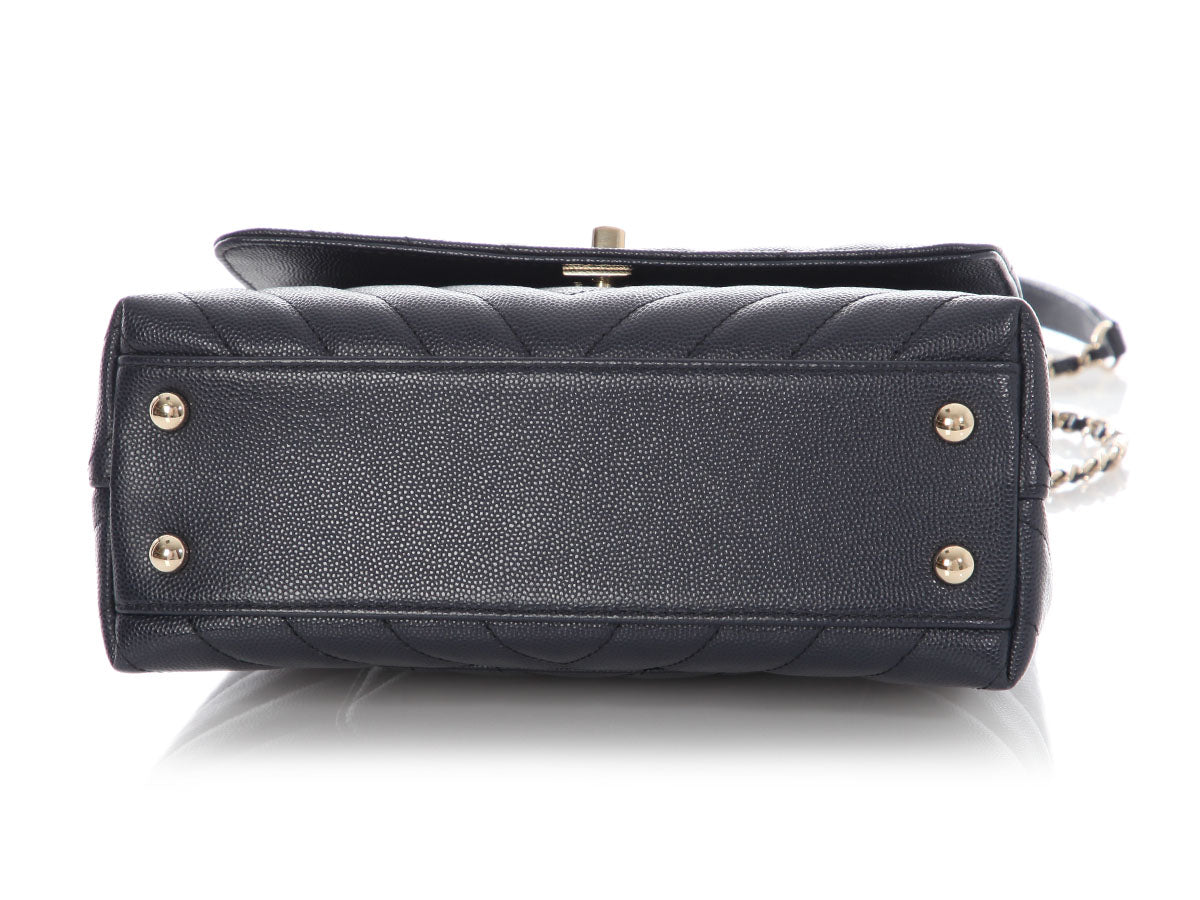 Chanel Mini Navy Chevron-Quilted Caviar and Lizard Coco Handle