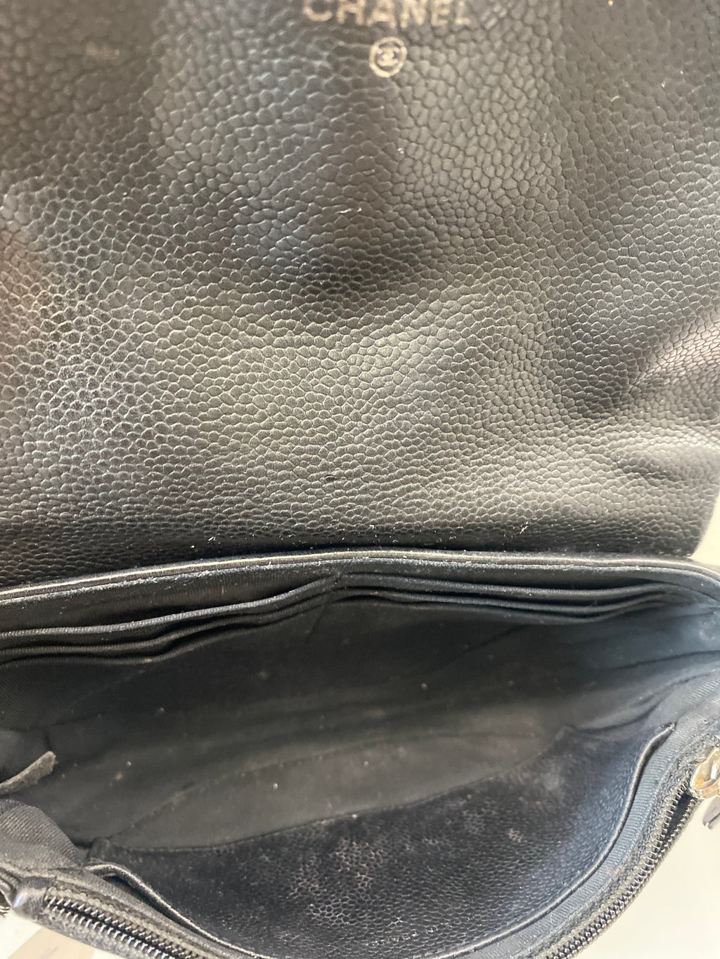 CHANEL CAVIAR LEATHER HALF MOON WALLET ON A CHAIN