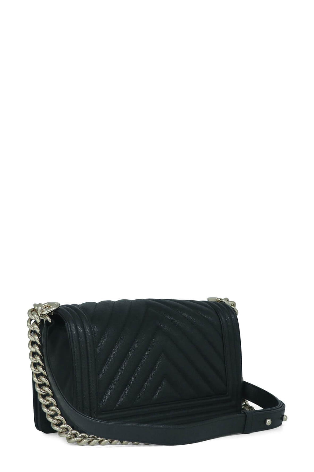 Chevron Caviar Old Medium Boy Black with Gold Hardware