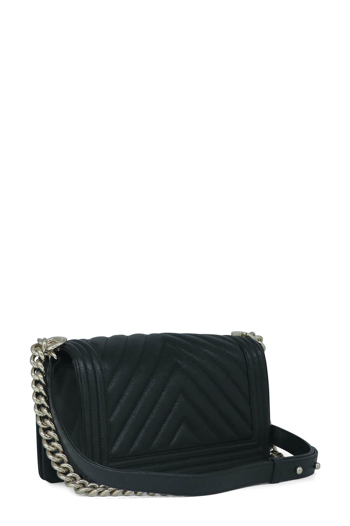 Chevron Caviar Old Medium Boy Black with Gold Hardware