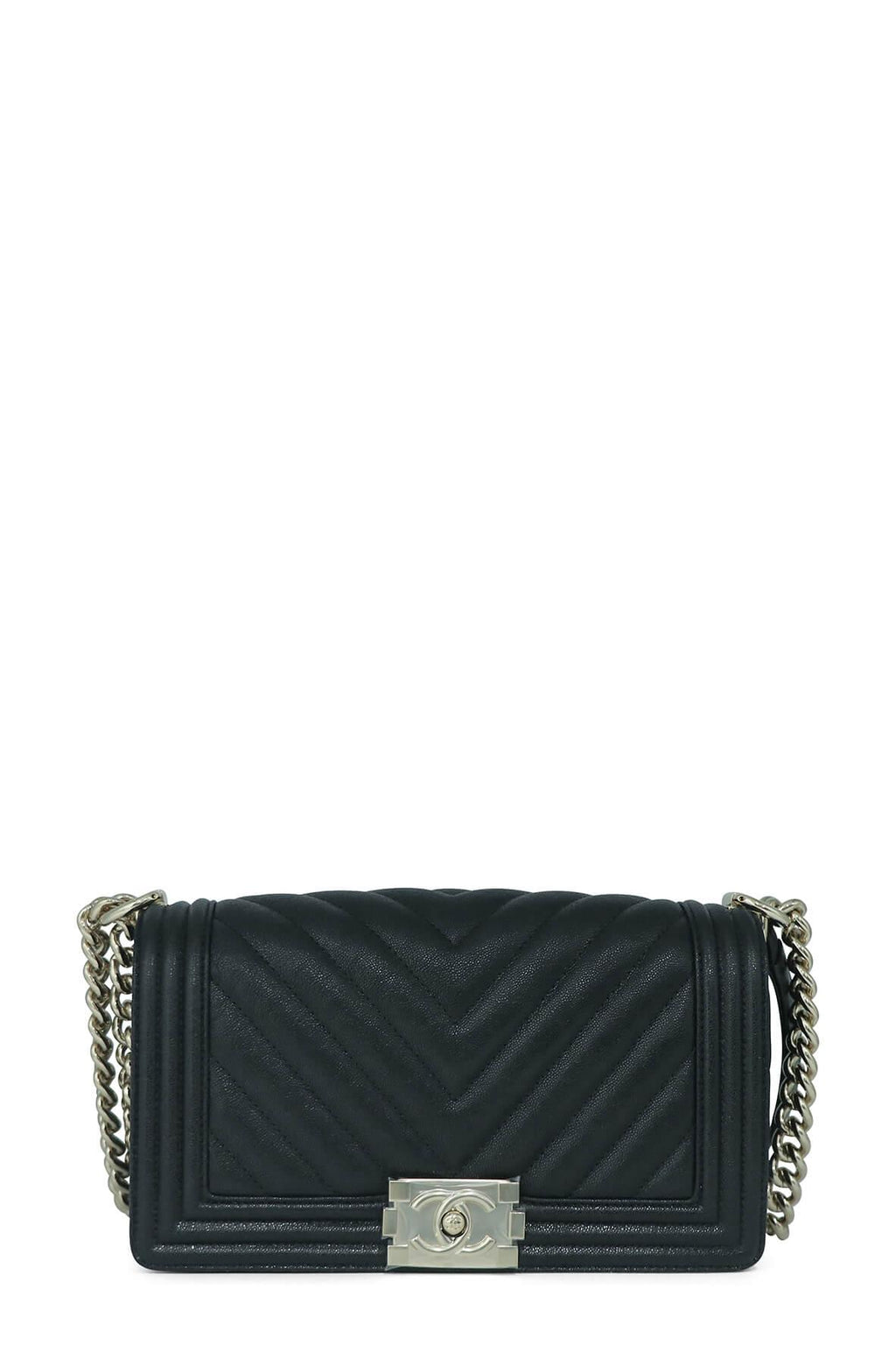 Chevron Caviar Old Medium Boy Black with Gold Hardware