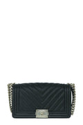 Chevron Caviar Old Medium Boy Black with Gold Hardware