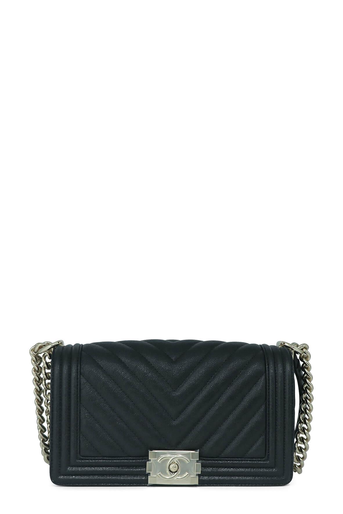 Chevron Caviar Old Medium Boy Black with Gold Hardware