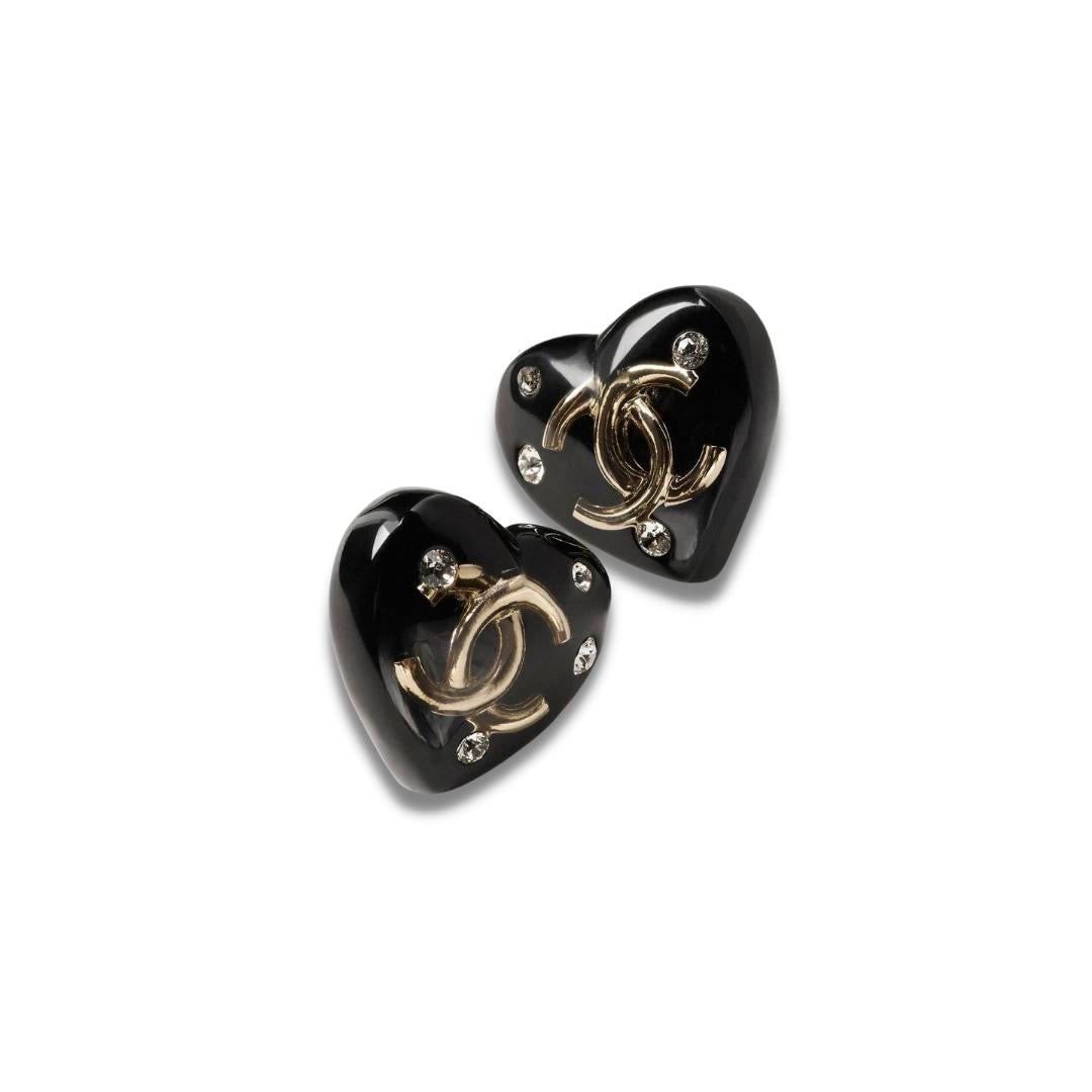 CHANEL BLACK RESIN CC HEART EARRINGS