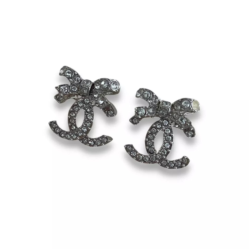 CHANEL SILVER CC CRYSTAL & RIBBONS EARRINGS