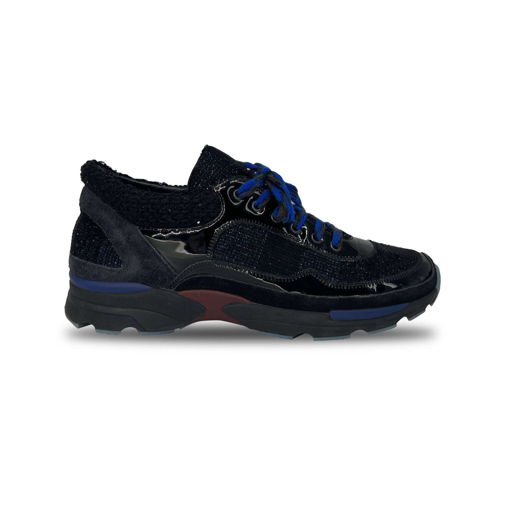 Chanel black and blue patent leather and tweed sneakers