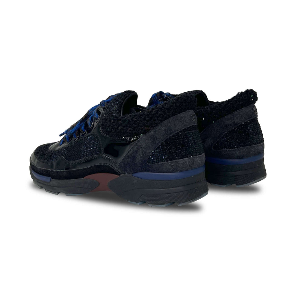 Chanel black and blue patent leather and tweed sneakers