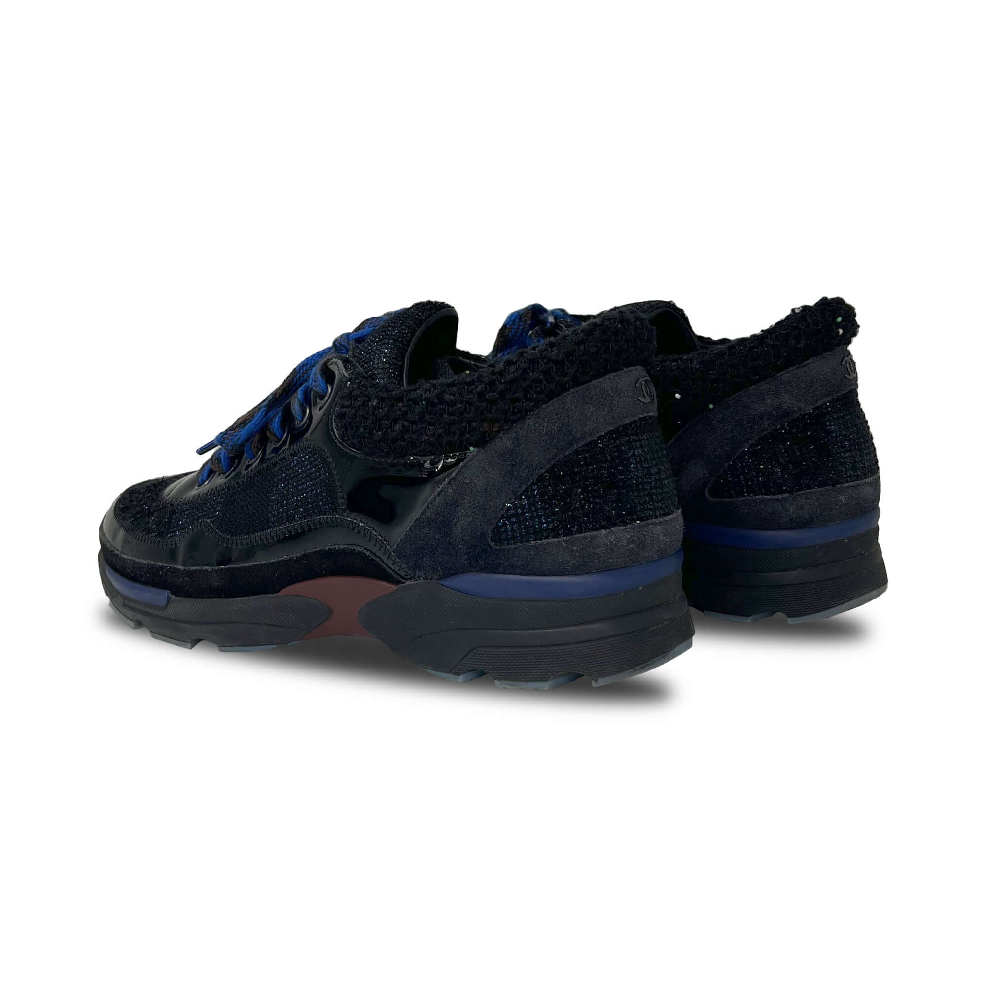 Chanel black and blue patent leather and tweed sneakers