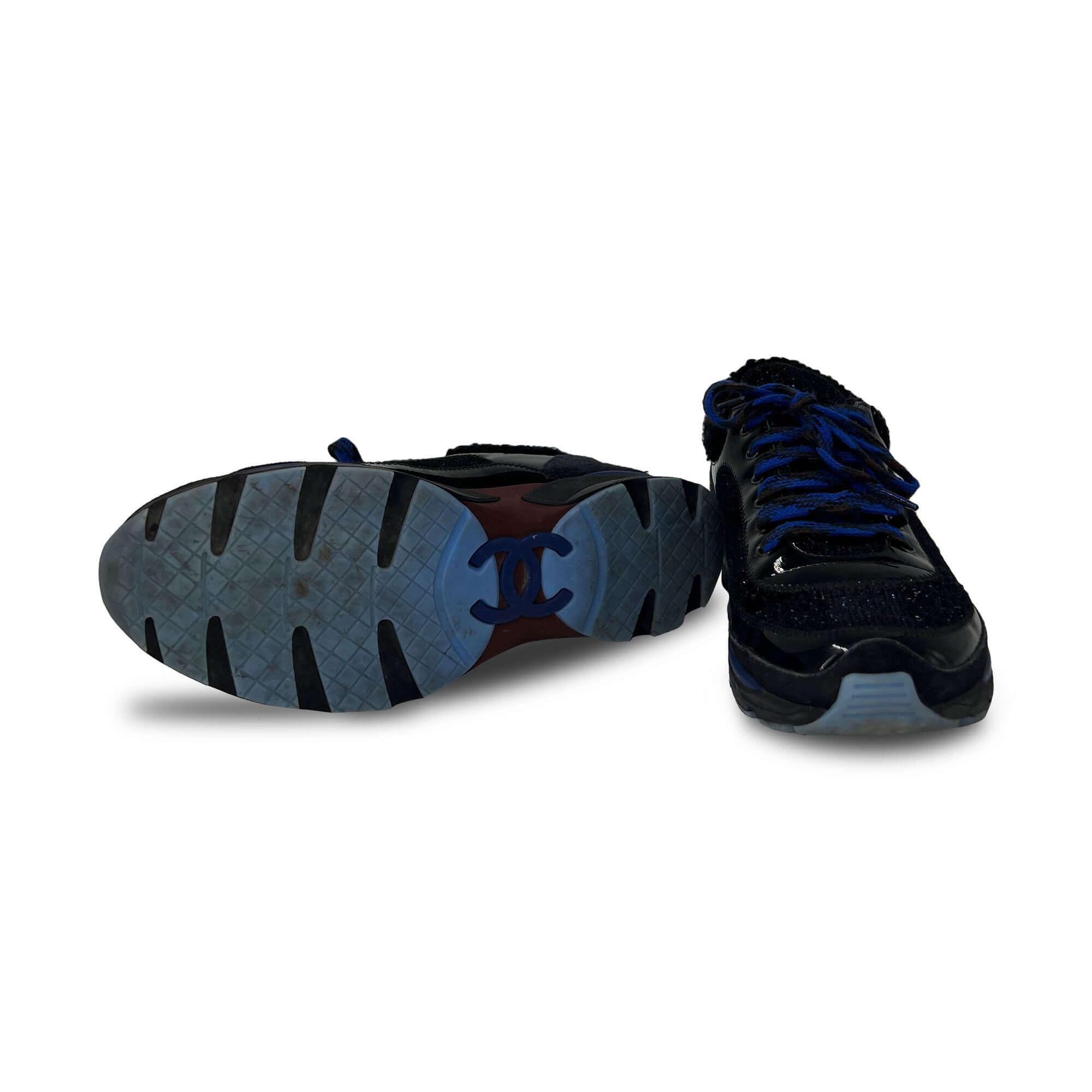 Chanel black and blue patent leather and tweed sneakers