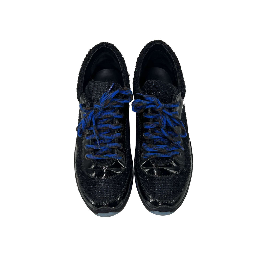 Chanel black and blue patent leather and tweed sneakers