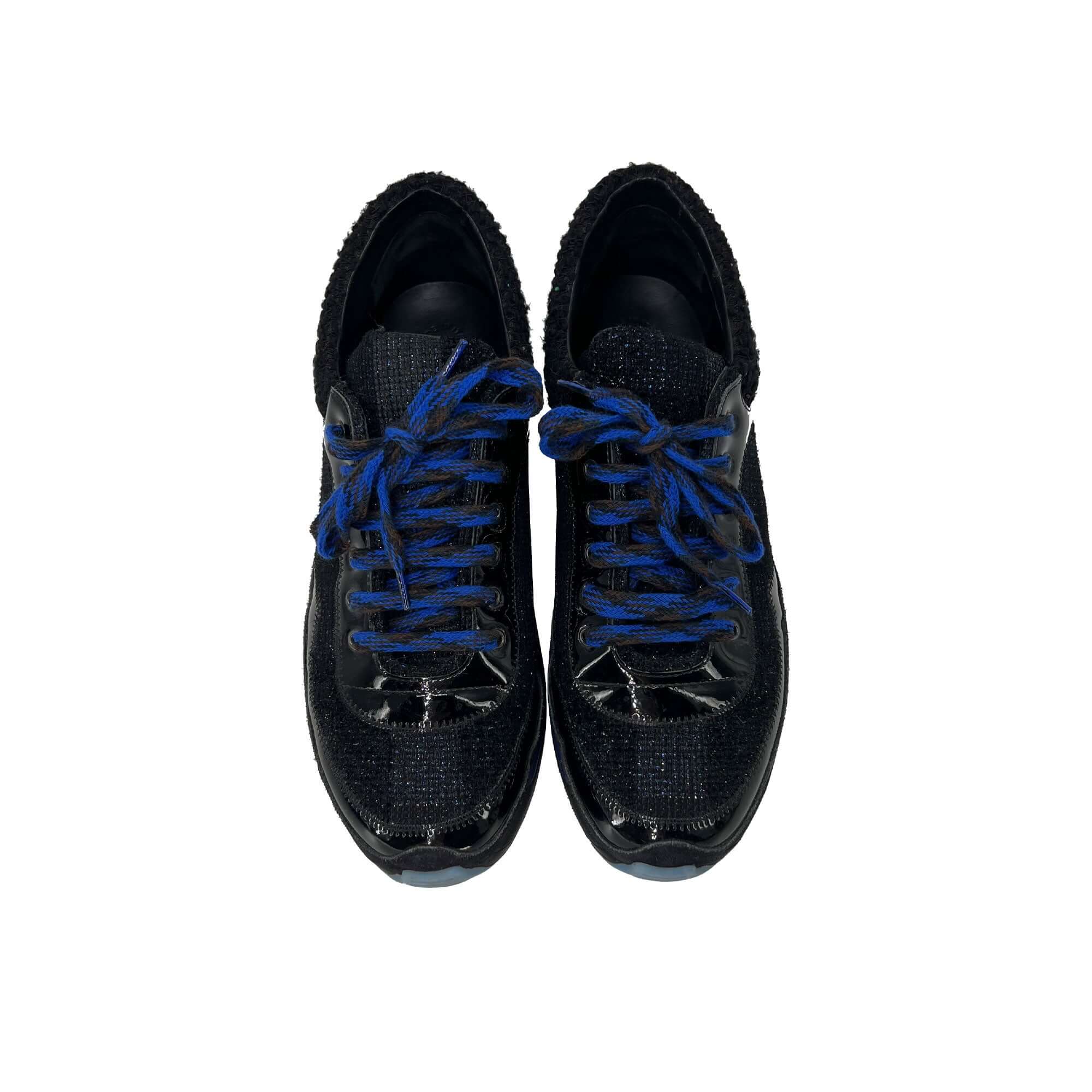 Chanel black and blue patent leather and tweed sneakers