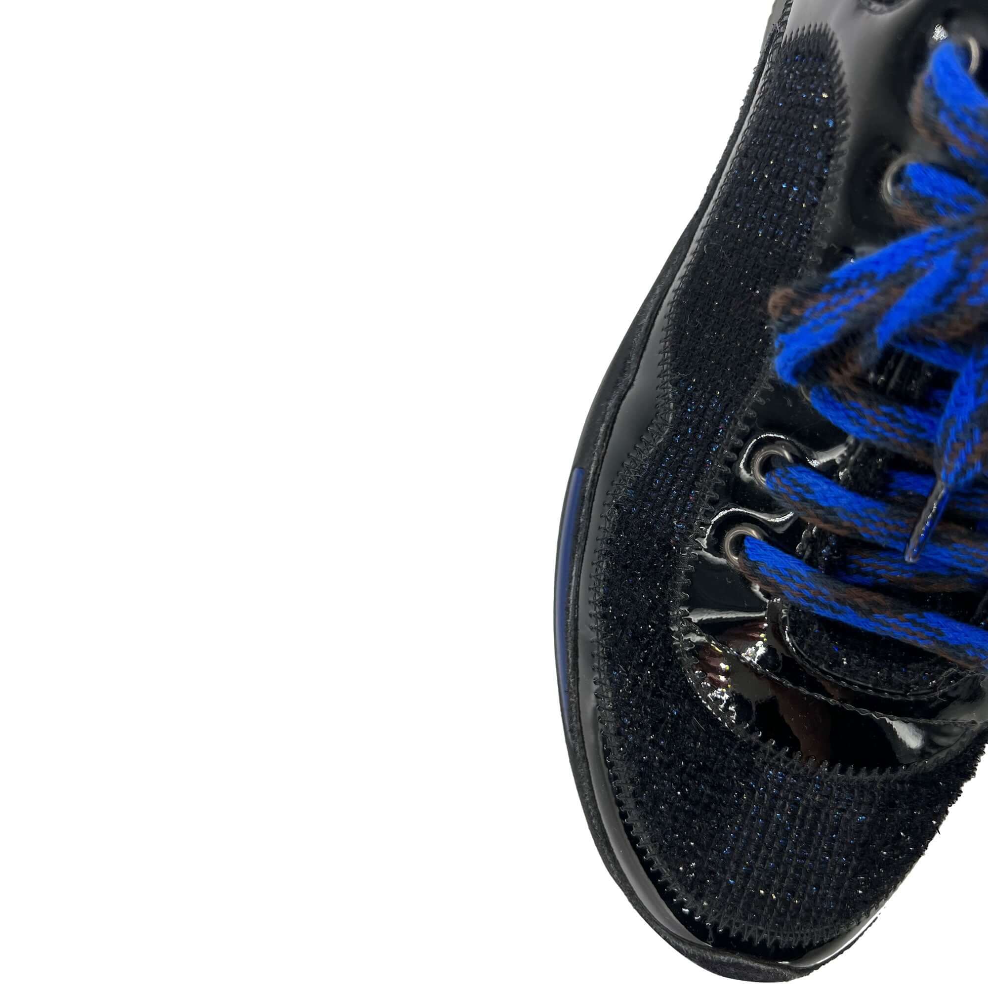 Chanel black and blue patent leather and tweed sneakers
