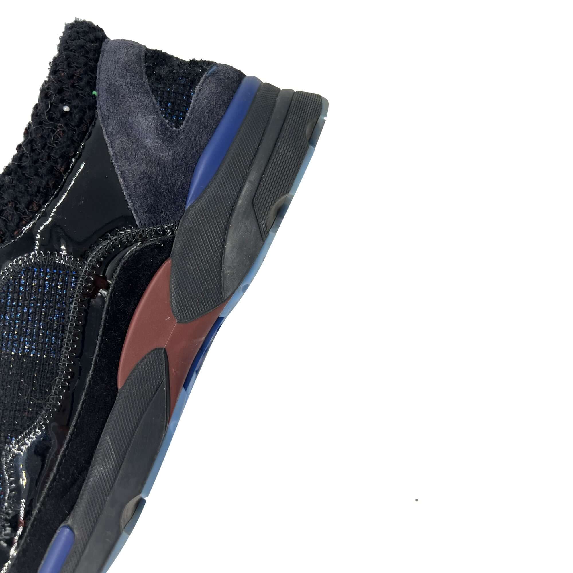 Chanel black and blue patent leather and tweed sneakers