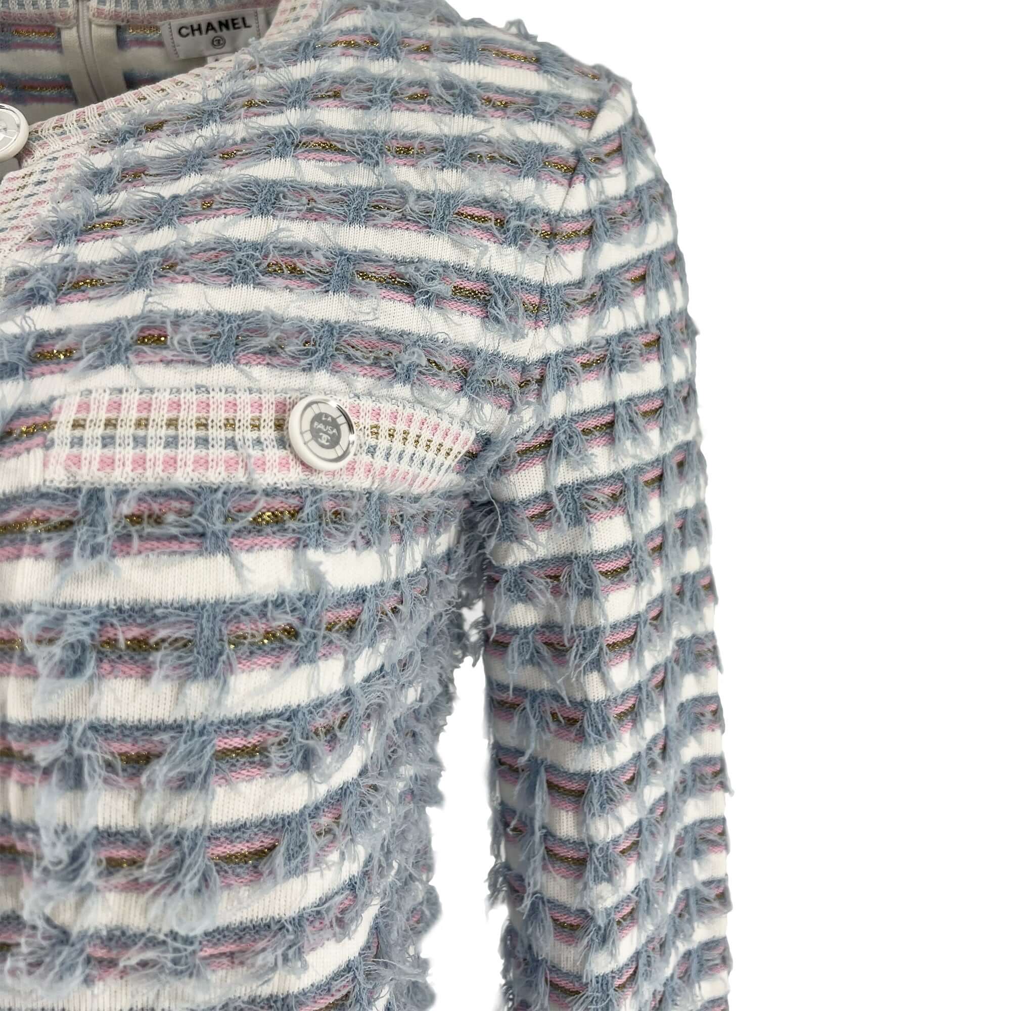 Pre owned Chanel La Pausa Striped Fringed Knit Mini Designer Dress