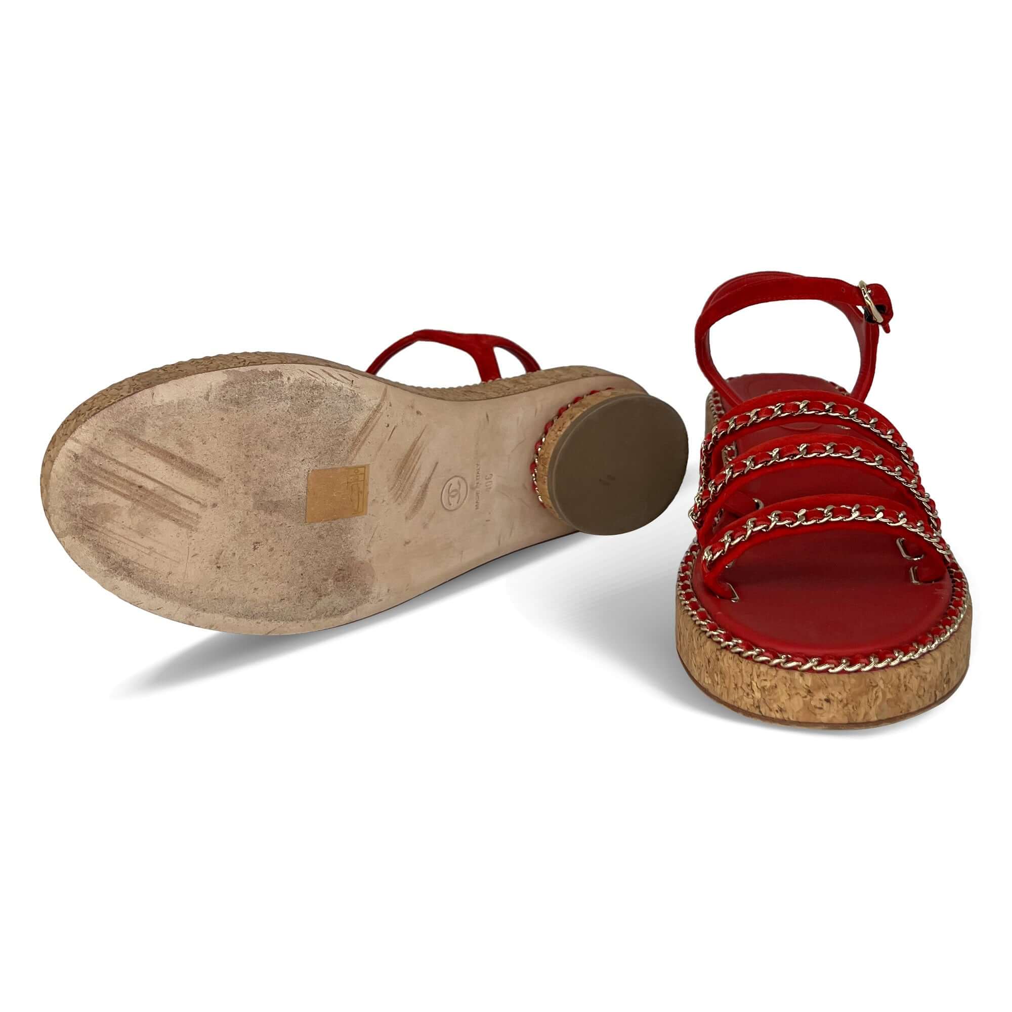 Pre owned Chanel red designer cork sandals with gold stitching