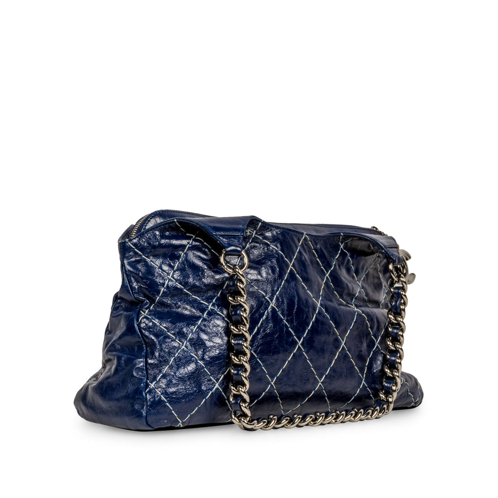Blue Patent White Stitch Tote