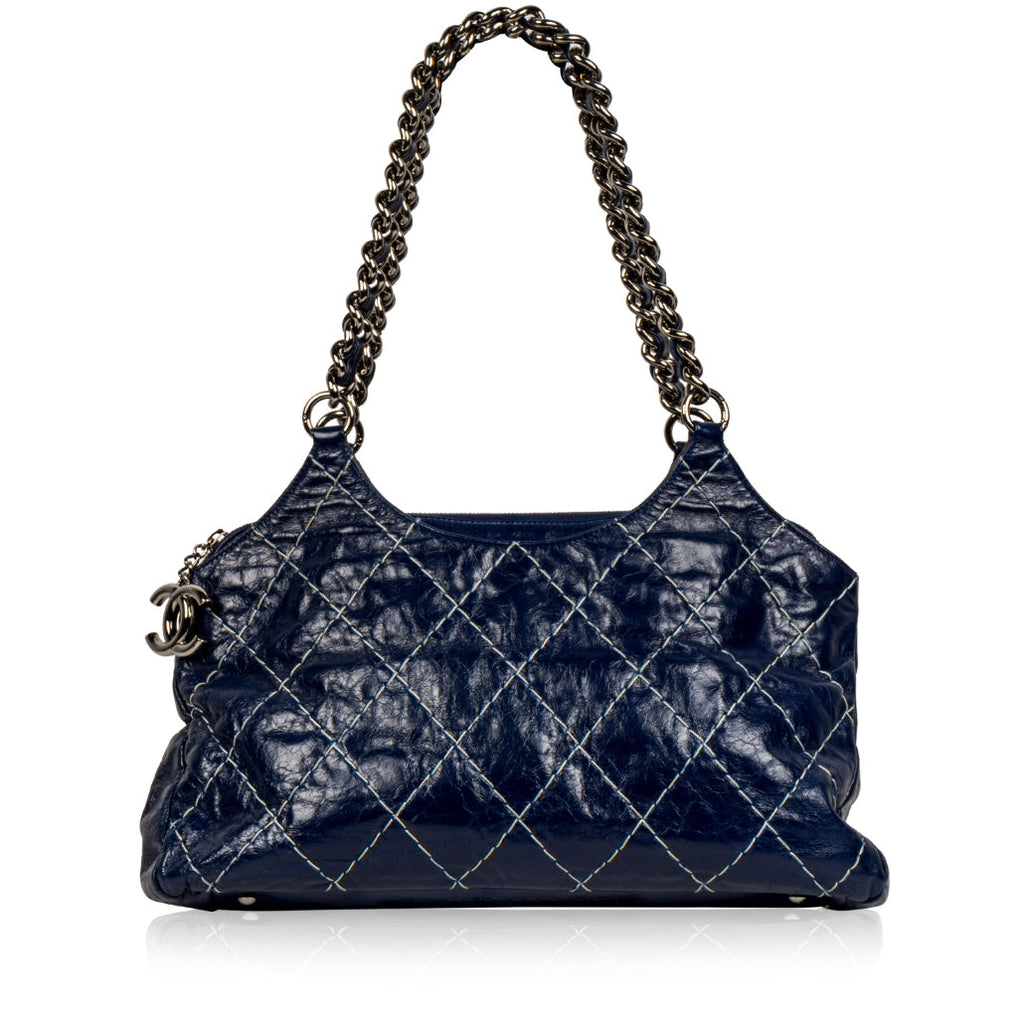 Blue Patent White Stitch Tote
