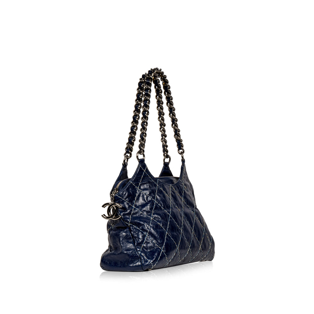 Blue Patent White Stitch Tote
