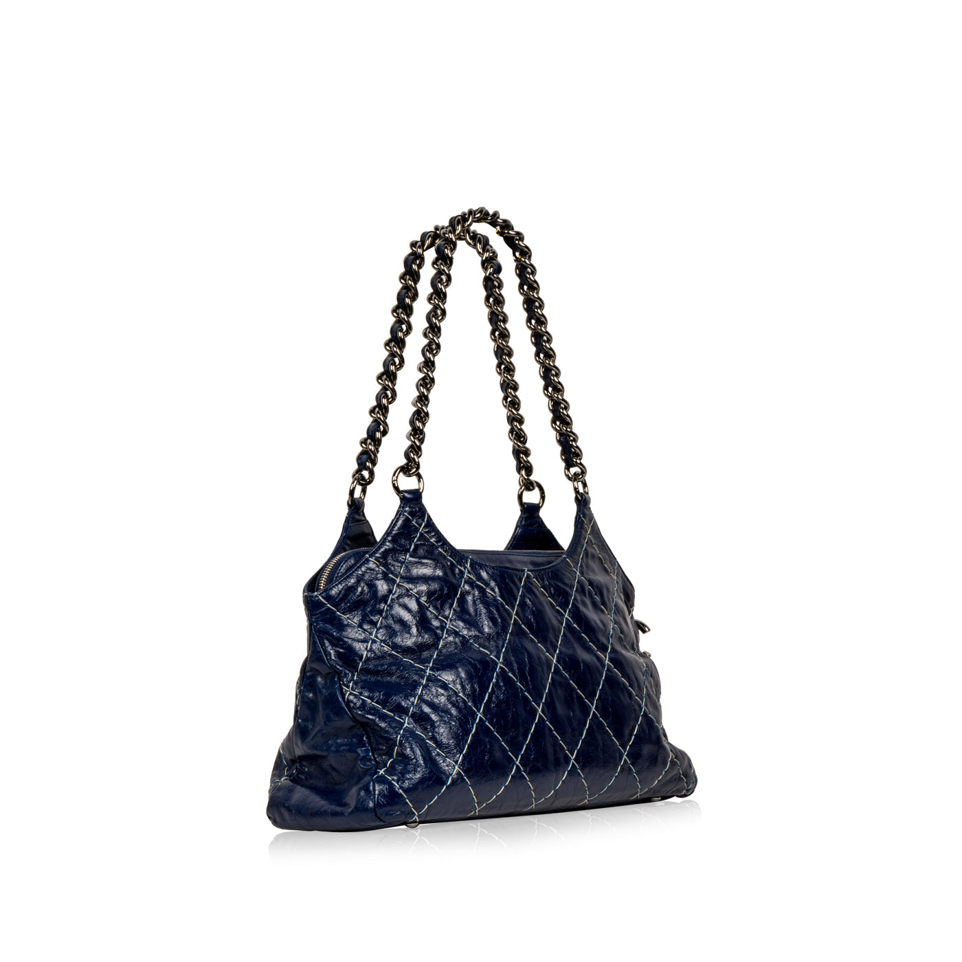 Blue Patent White Stitch Tote
