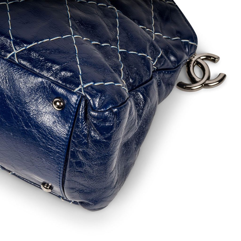 Blue Patent White Stitch Tote