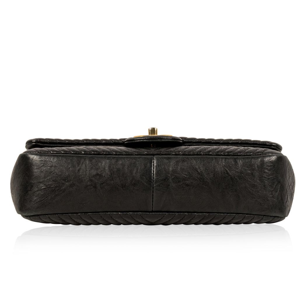 Chevron Single Flap Bag - Black - GHW
