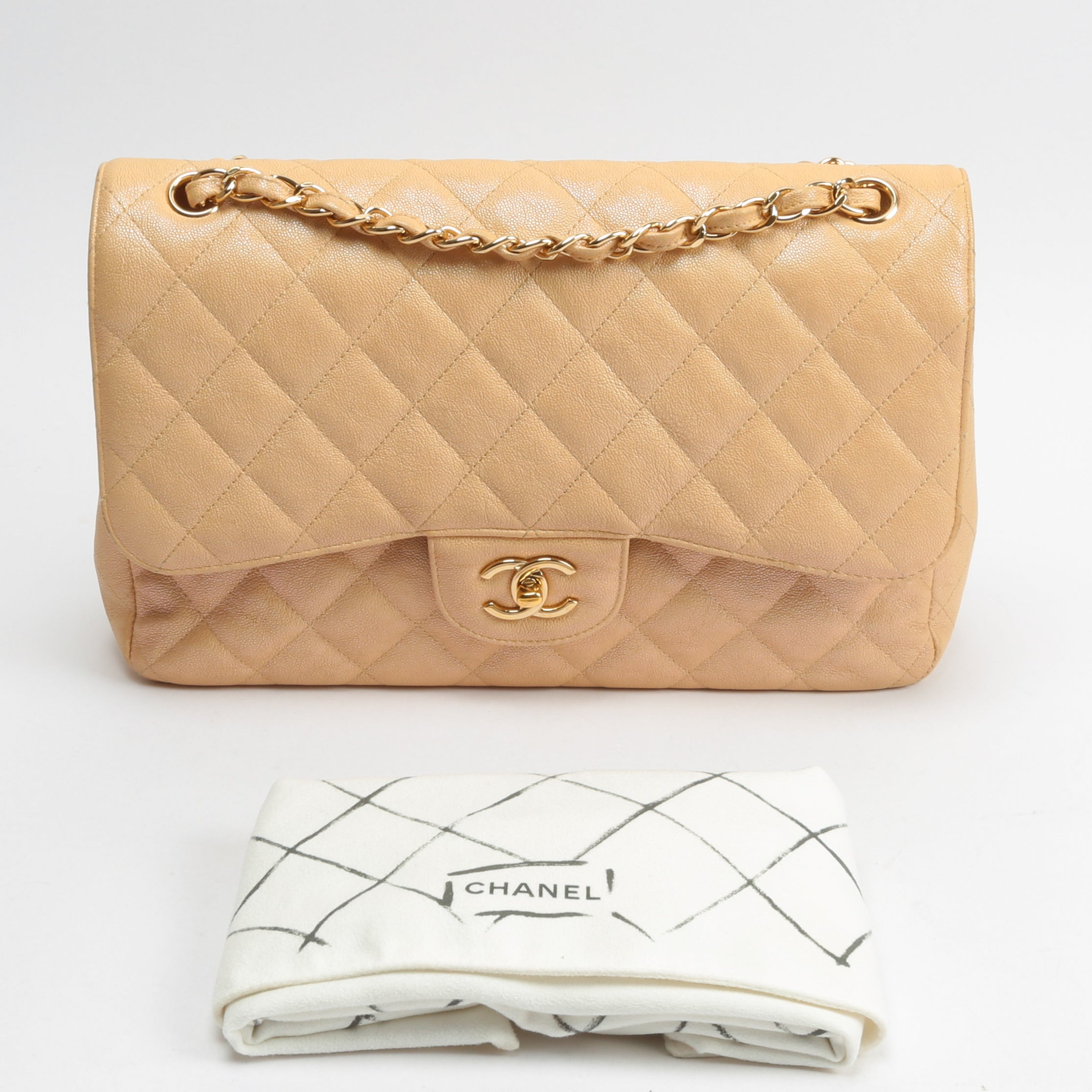 CHANEL Jumbo Quilted Double Flap Caviar Beige Iridescent