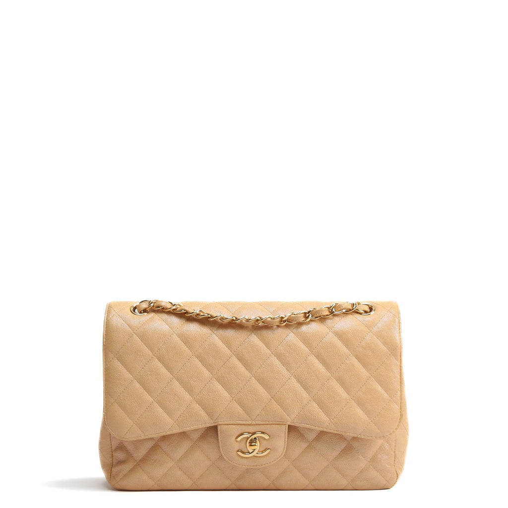 CHANEL Jumbo Quilted Double Flap Caviar Beige Iridescent