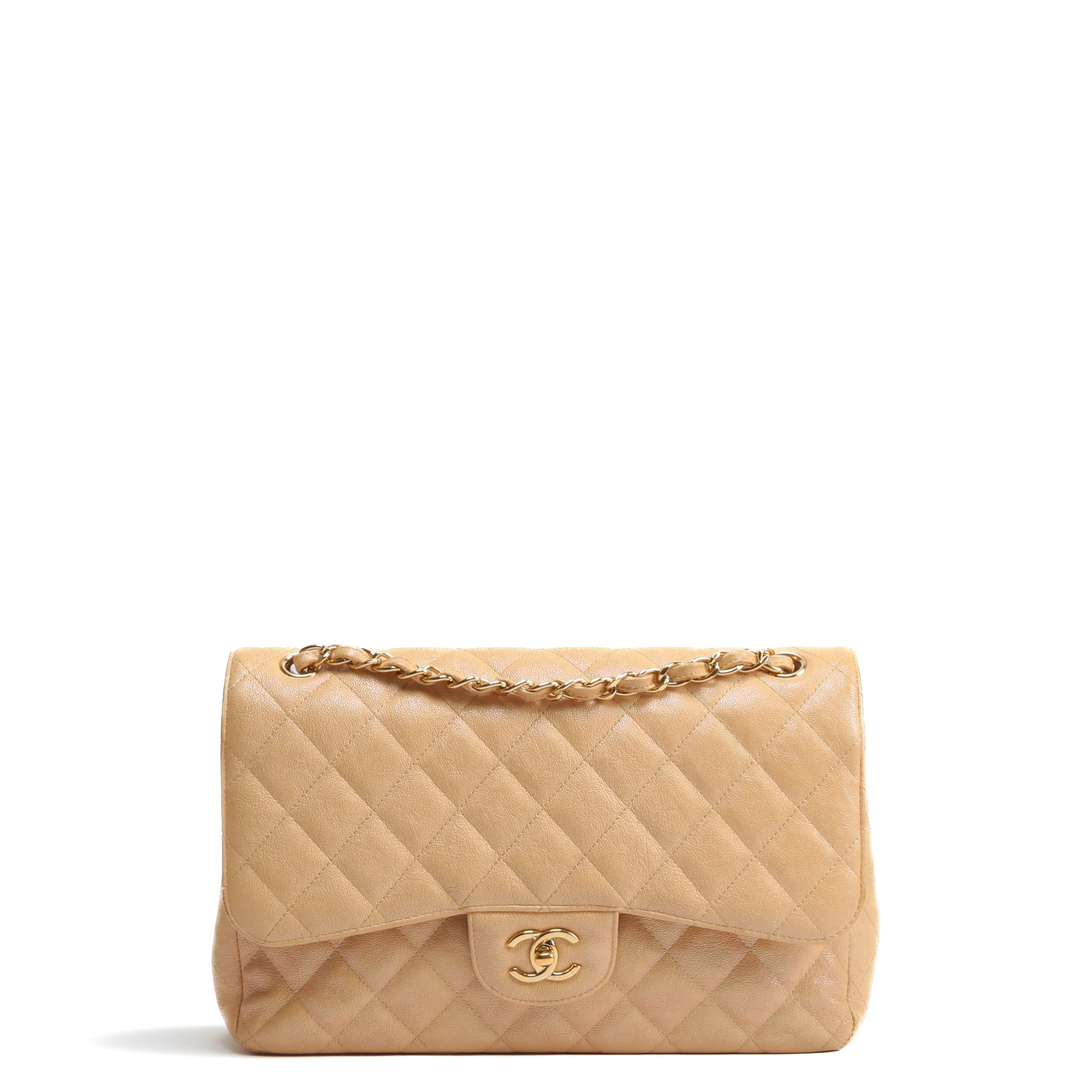 CHANEL Jumbo Quilted Double Flap Caviar Beige Iridescent