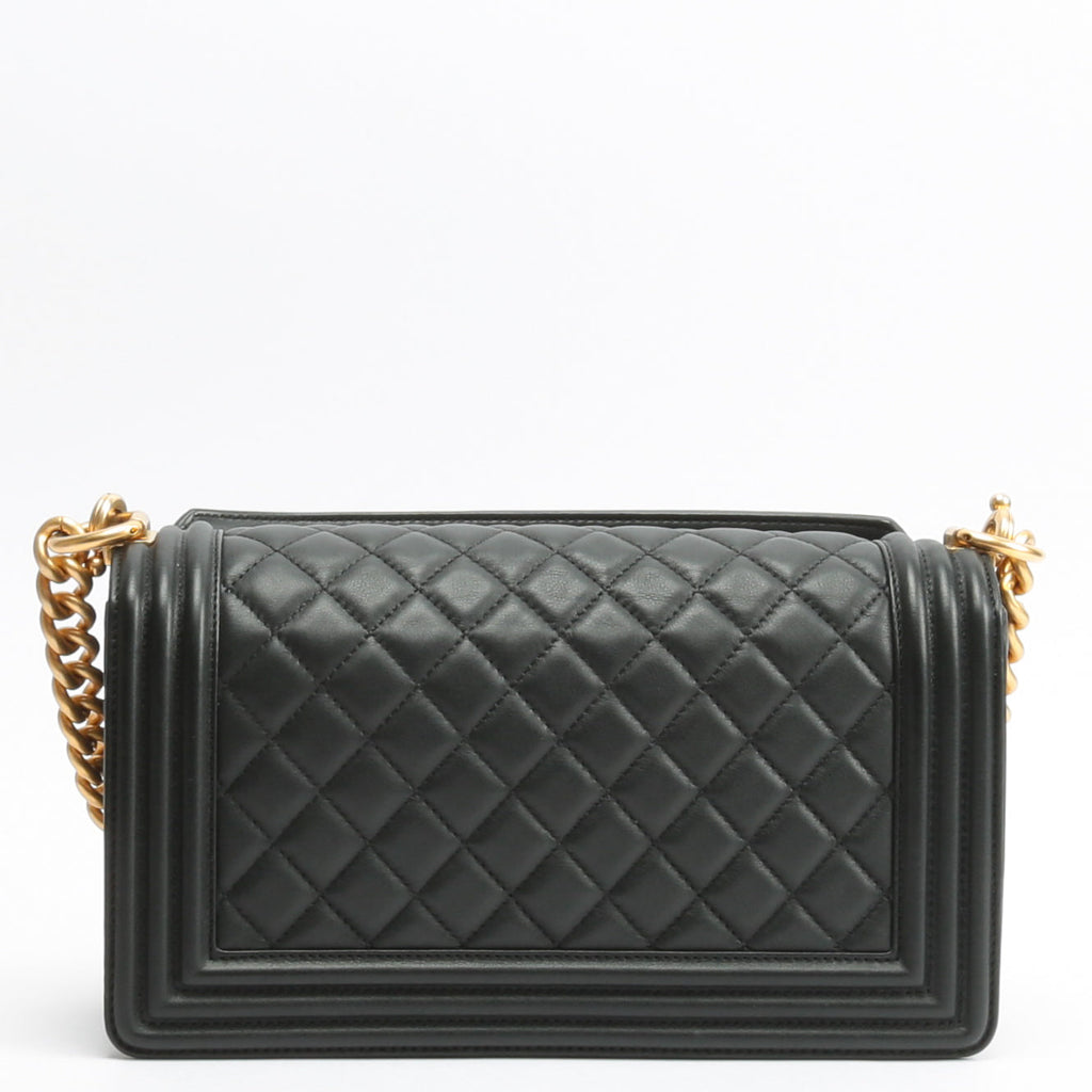 CHANEL Quilted Boy Bag w/Logo Handle Black