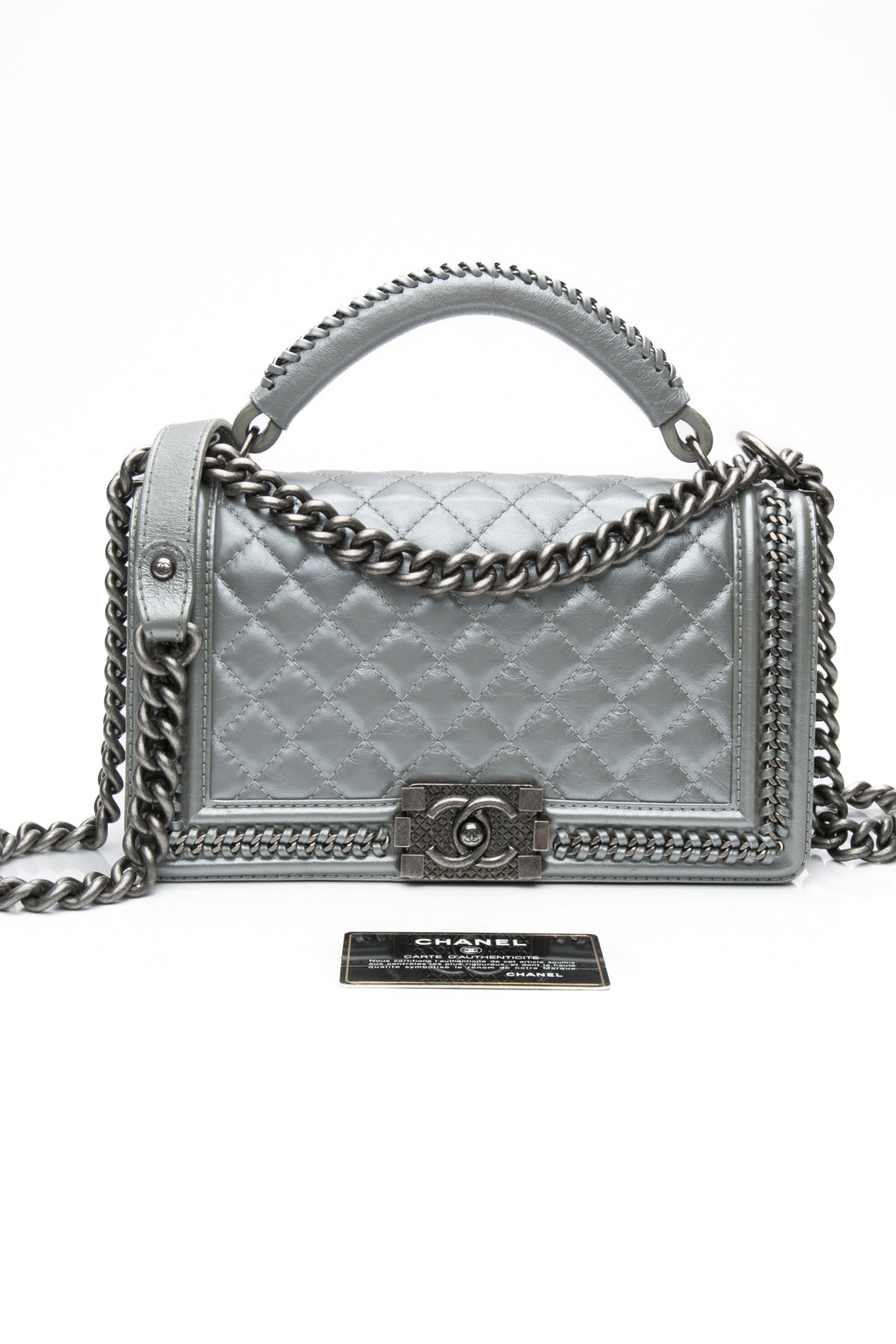 Chanel Silver Metallic Calfskin Quilted Medium Top Handle Boy Flap