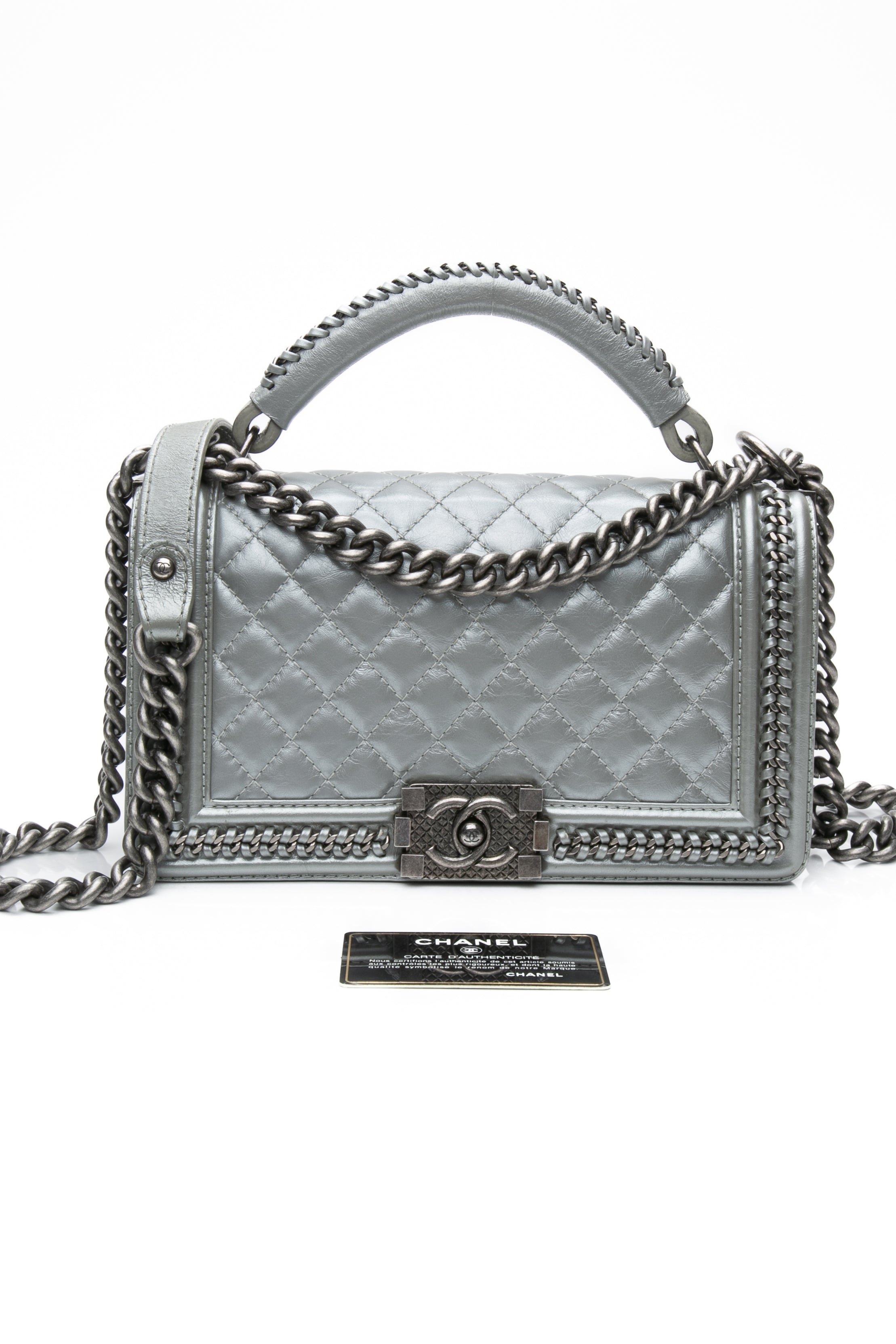 Chanel Silver Metallic Calfskin Quilted Medium Top Handle Boy Flap