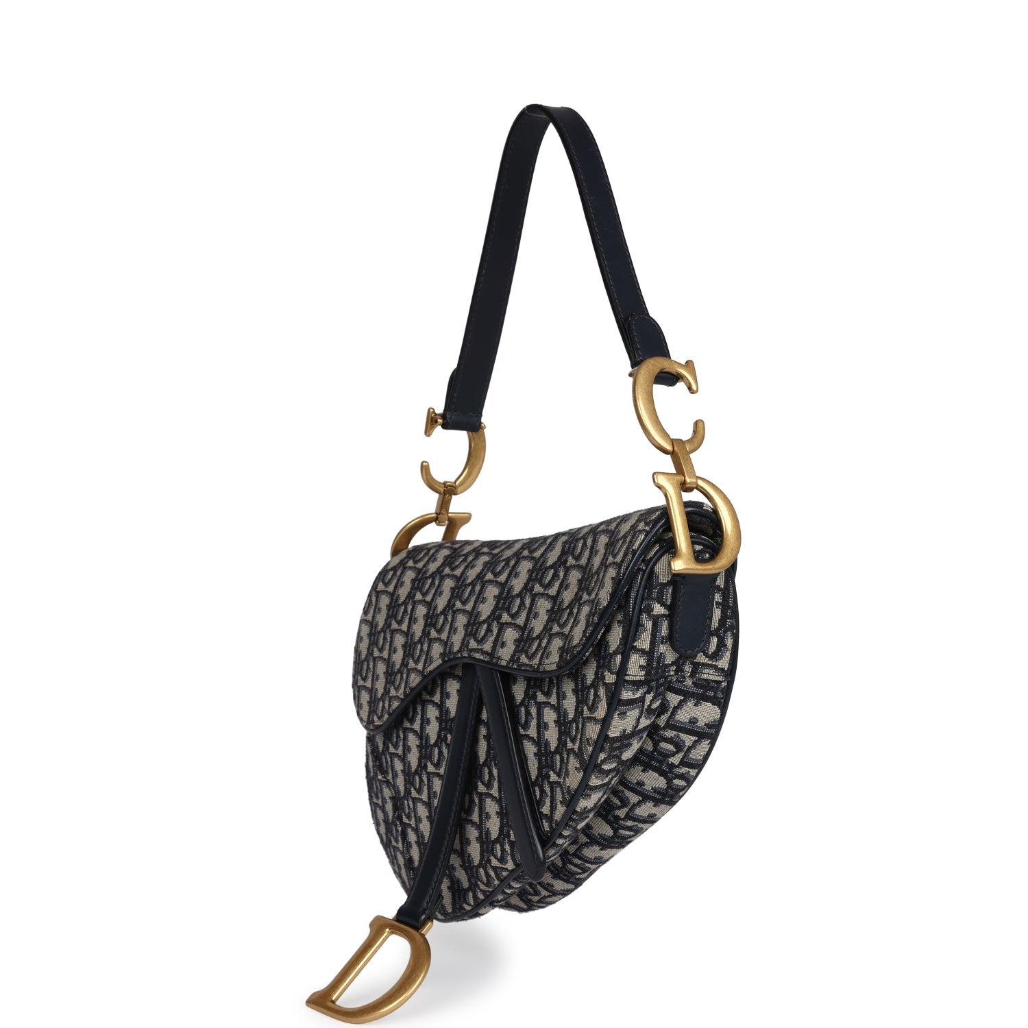 Christian Dior Saddle Bag Navy Blue Oblique Jacquard Antique Gold Hardware