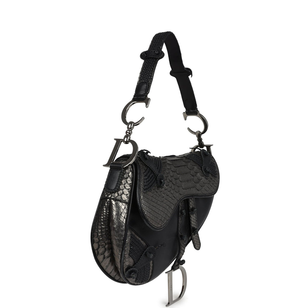 Vintage Christian Dior Saddle Bag Gunmetal Python and Black Leather Silver Hardware