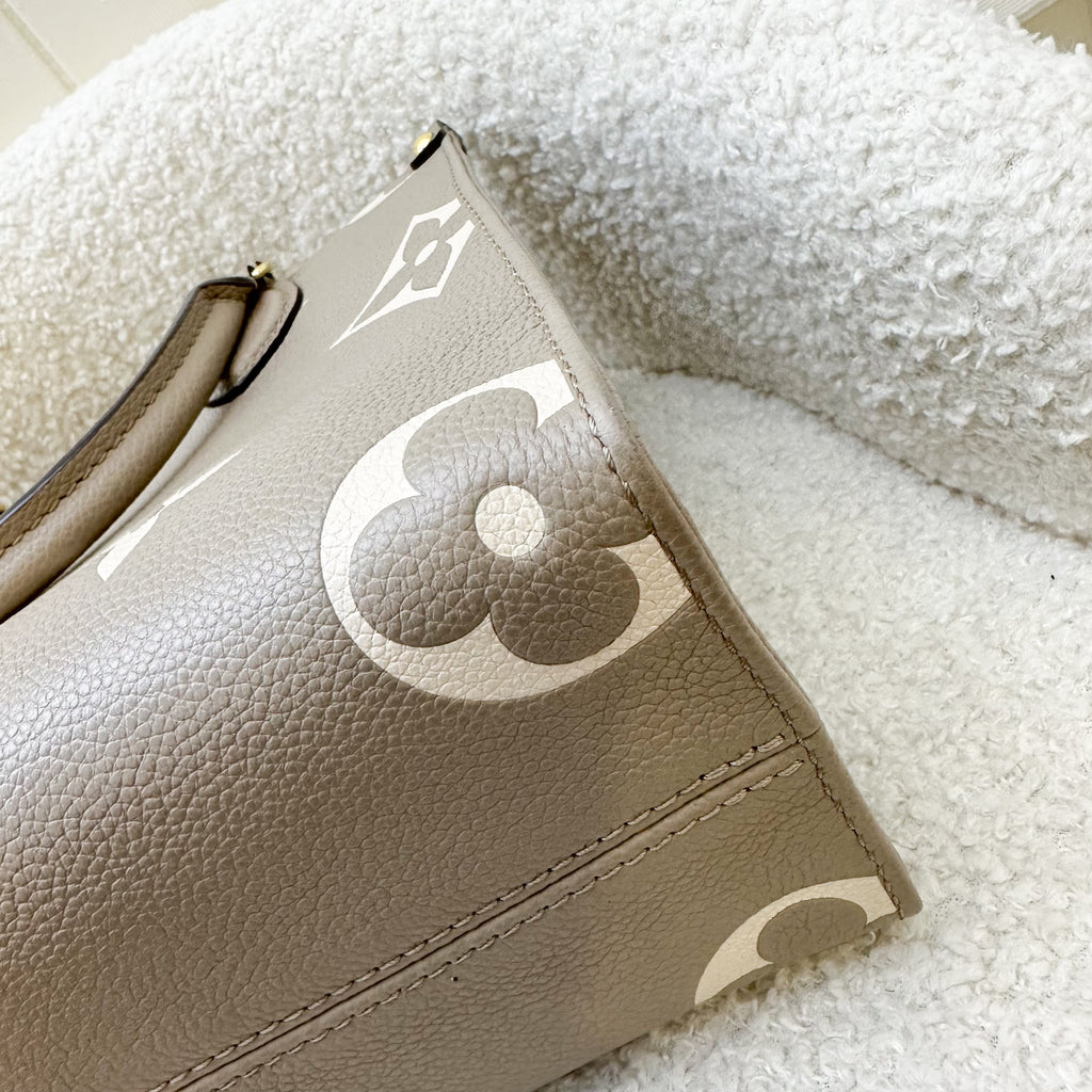 LV Onthego PM in Tourterelle (Grey) / Creme Giant Monogram Empreinte Leather and GHW