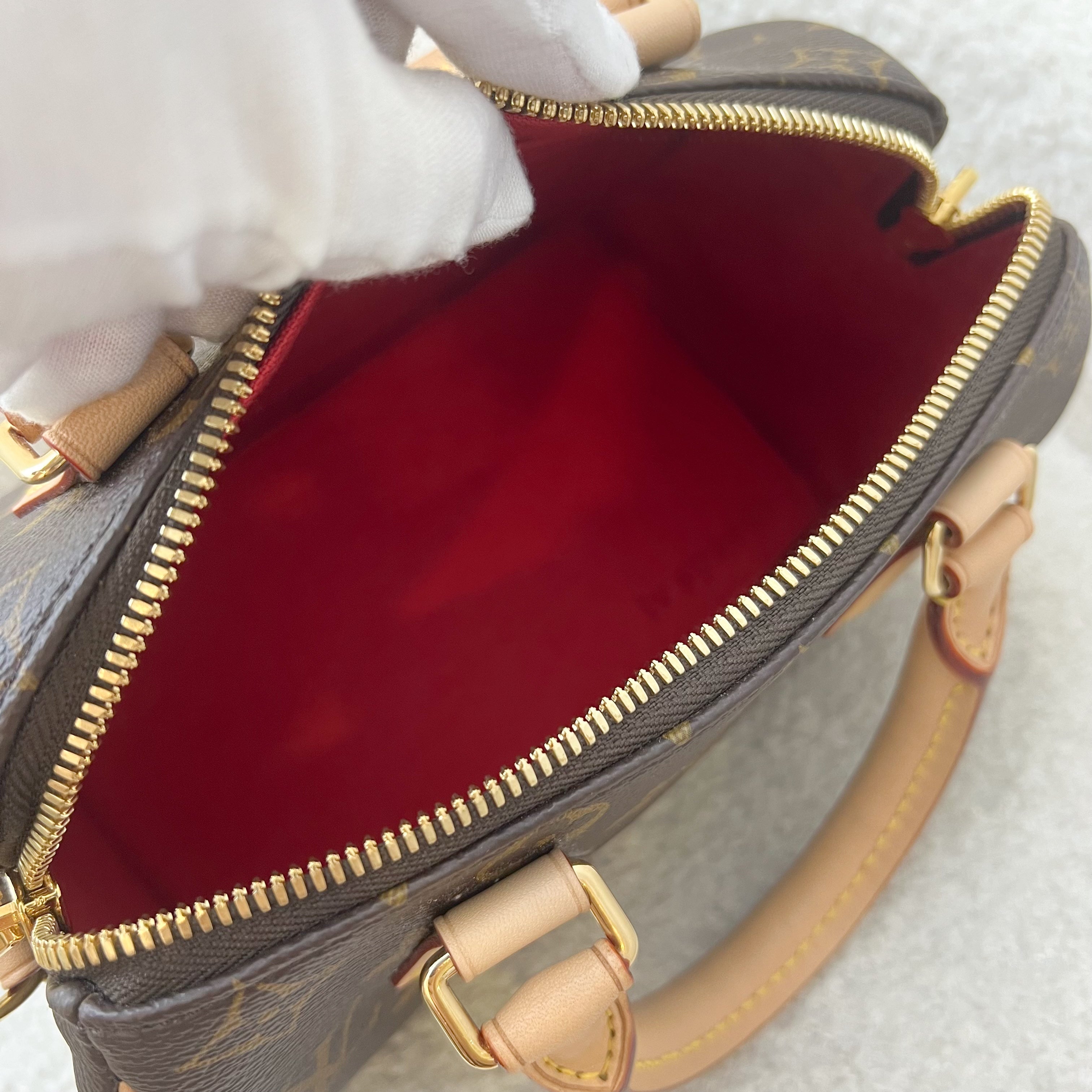 LV Speedy Bandouliere 20 in Monogram Canvas and Pink / Orange Patterned Strap
