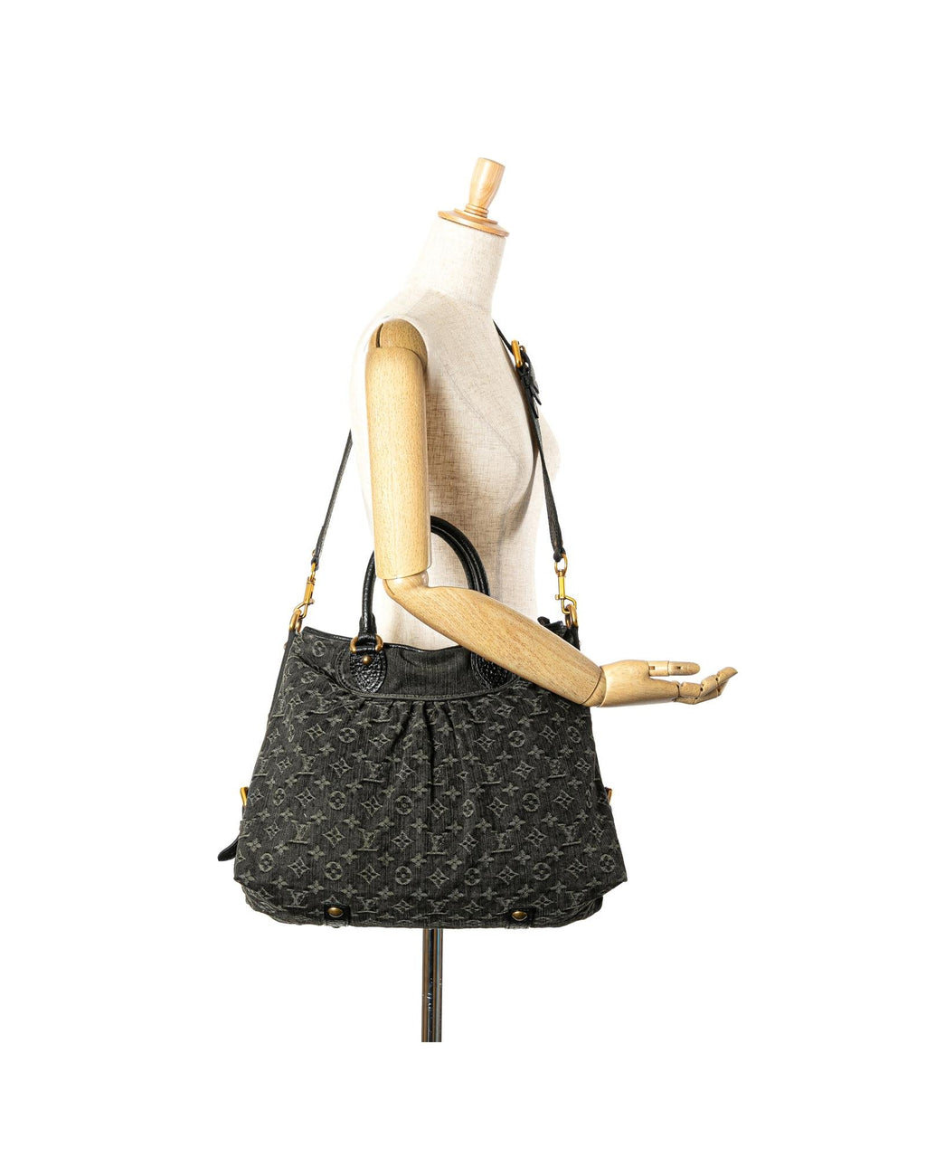 Monogram Denim Neo Cabby GM with Leather Trim and Top Zip Closure