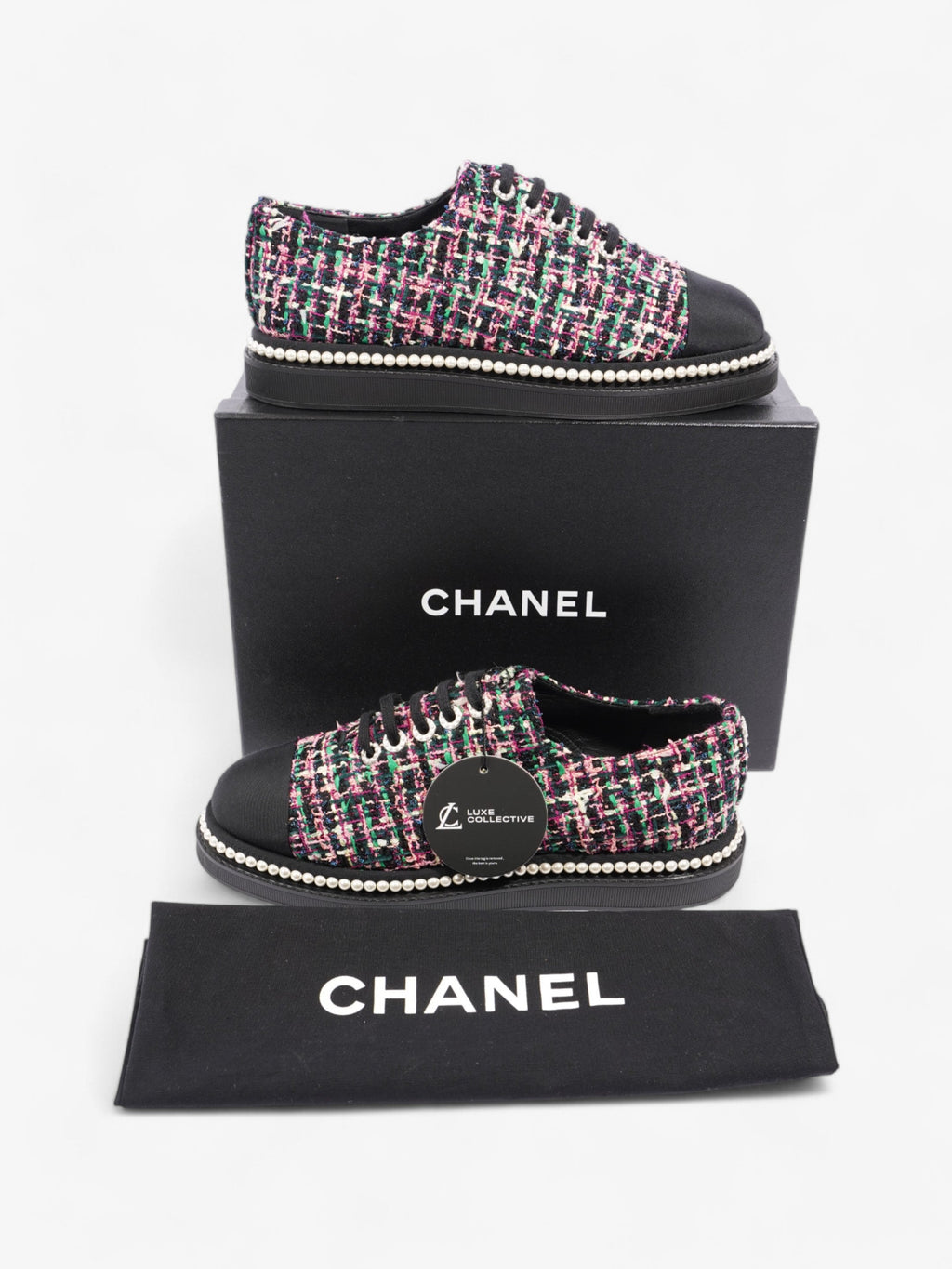Chanel Tweed Faux Pearl Lace Up Multicolour  / Black Tweed EU 39.5 UK 6.5