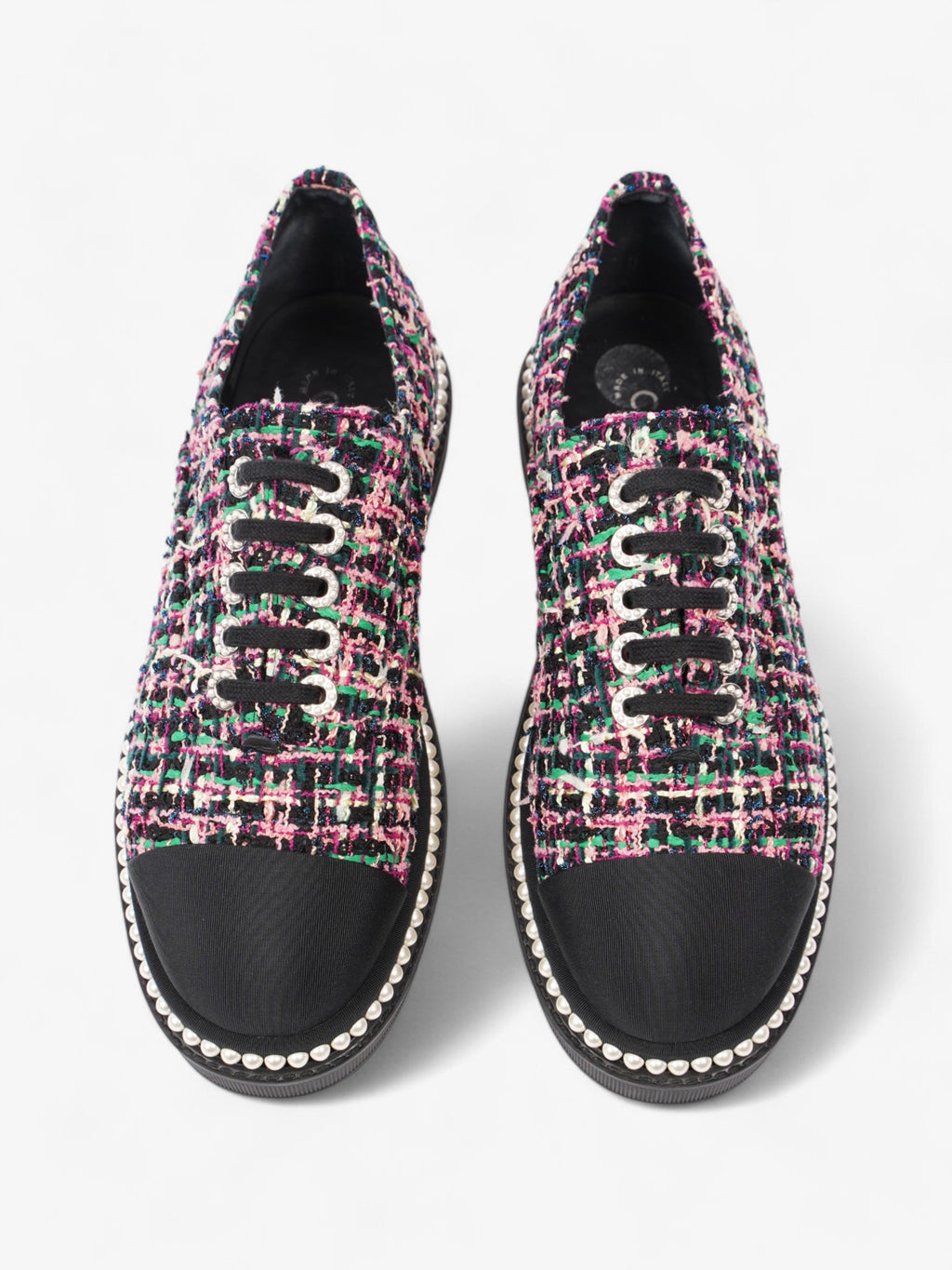 Chanel Tweed Faux Pearl Lace Up Multicolour  / Black Tweed EU 39.5 UK 6.5