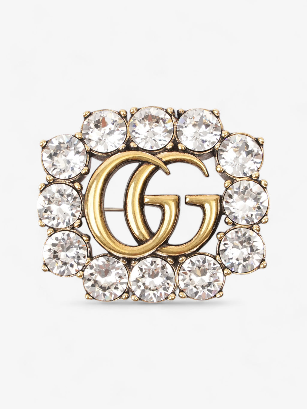 Gucci Crystal Double G Brooch Aged Gold Base Metal