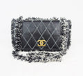CHANEL Black Leather tweed trim 10" Flap bag