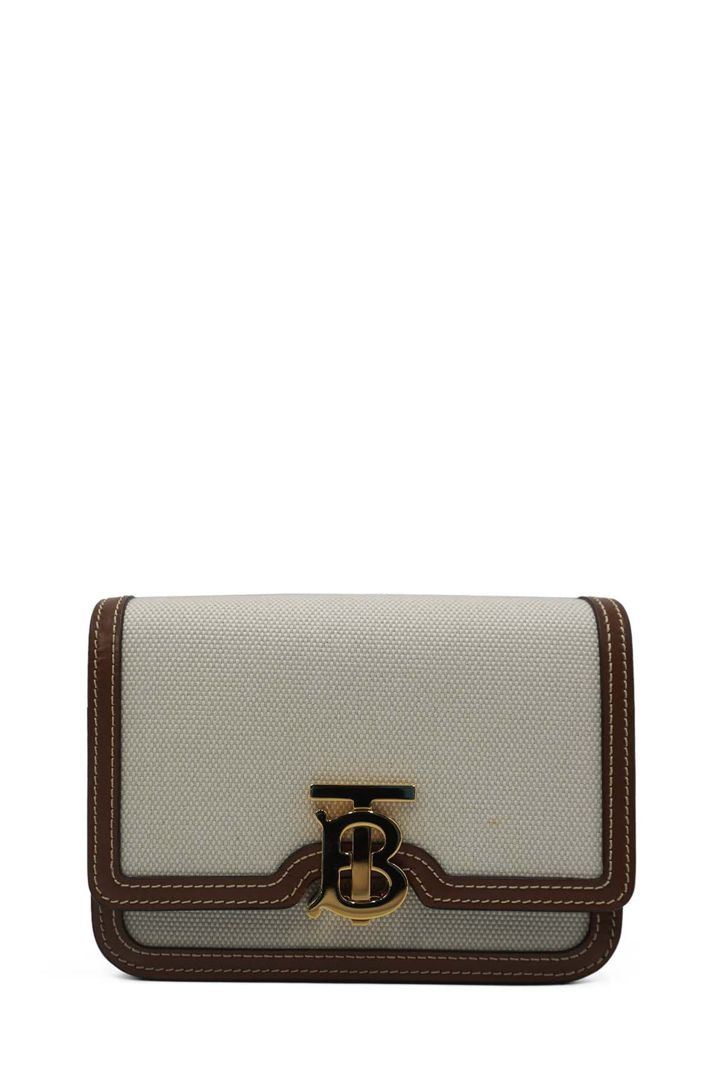 Mini Two-Tone Canvas and Leather TB Crossbody Bag White Brown