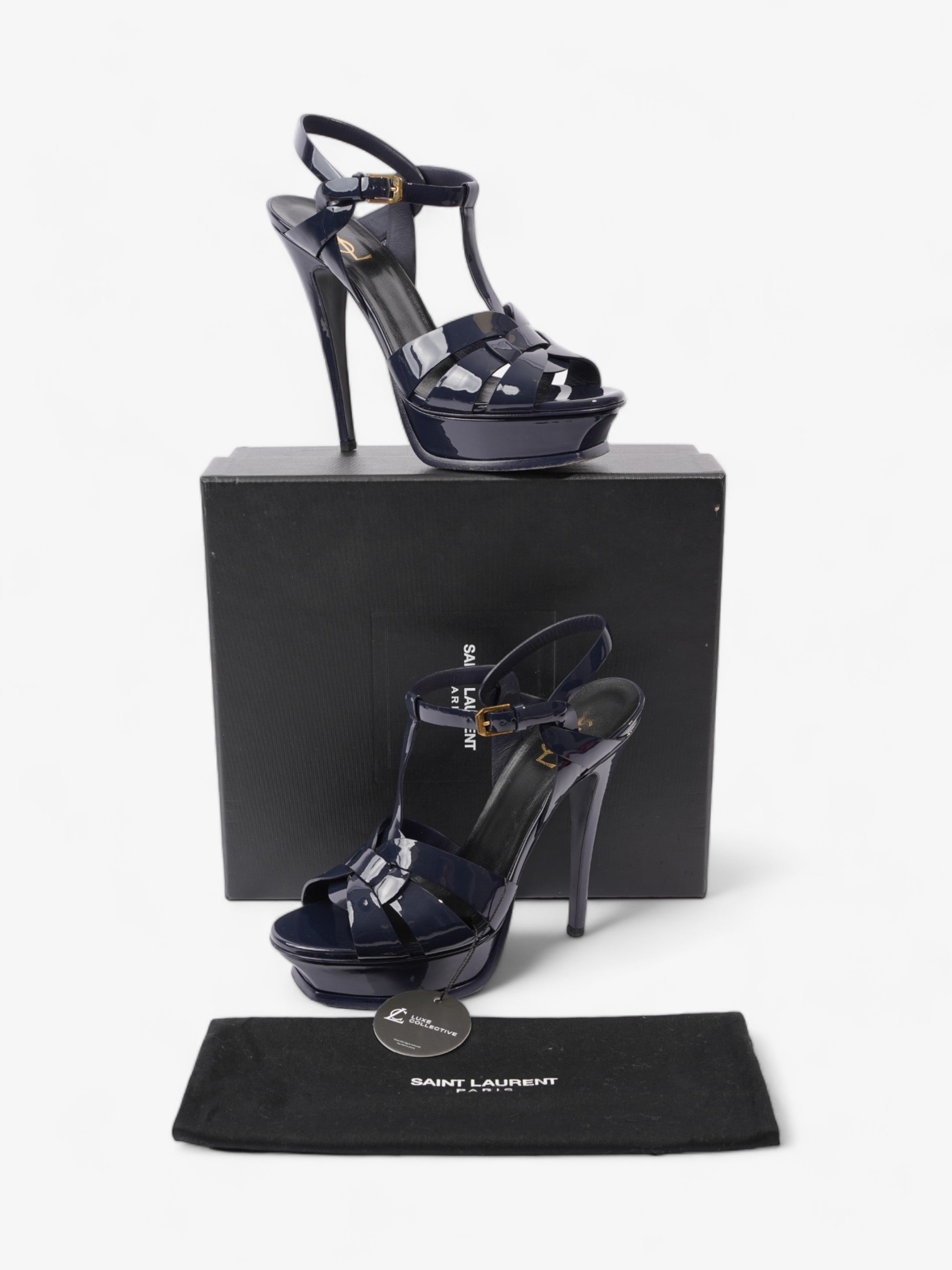 Saint Laurent Tribute Platform Heels 140mm Navy Blue Patent Leather EU 40 UK 7
